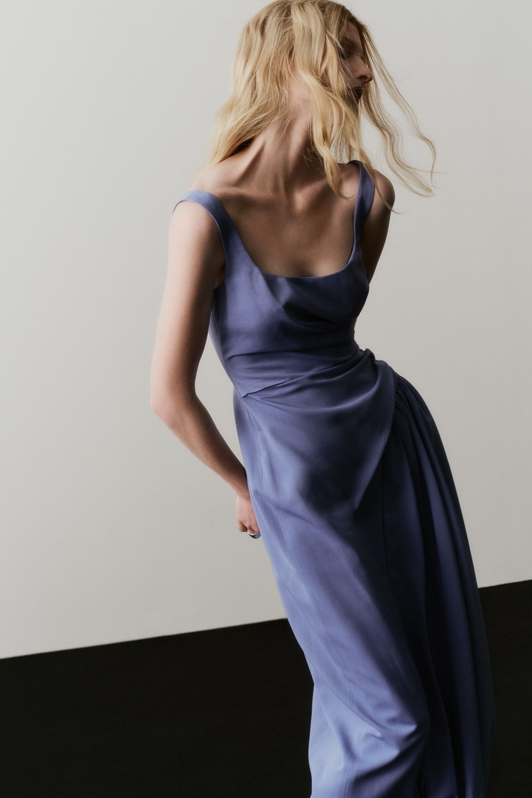 blue silk sleeveless gown