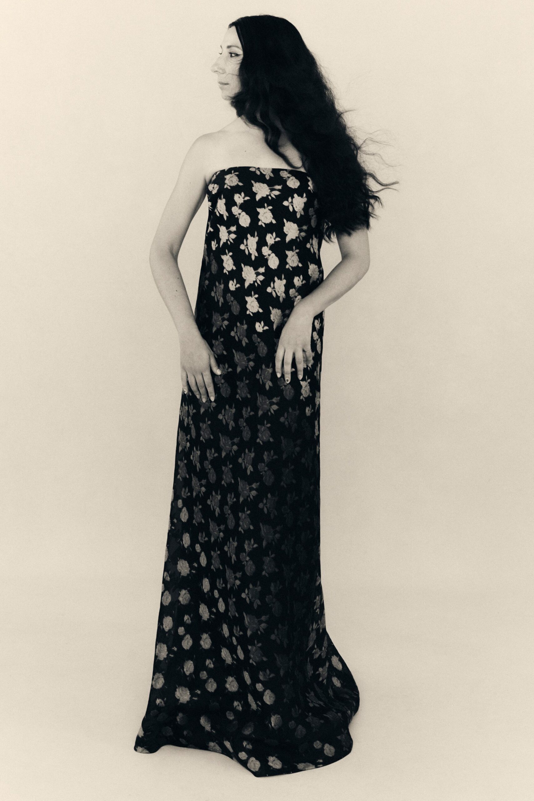 black silk strapless floral gown