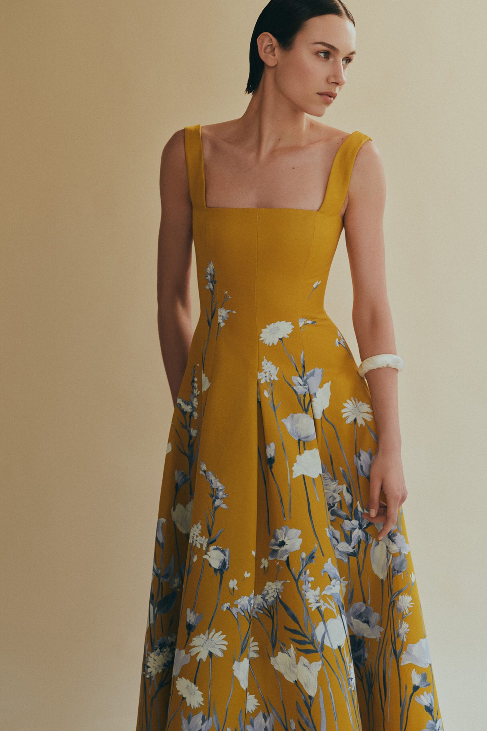 yellow floral sleeveless gown