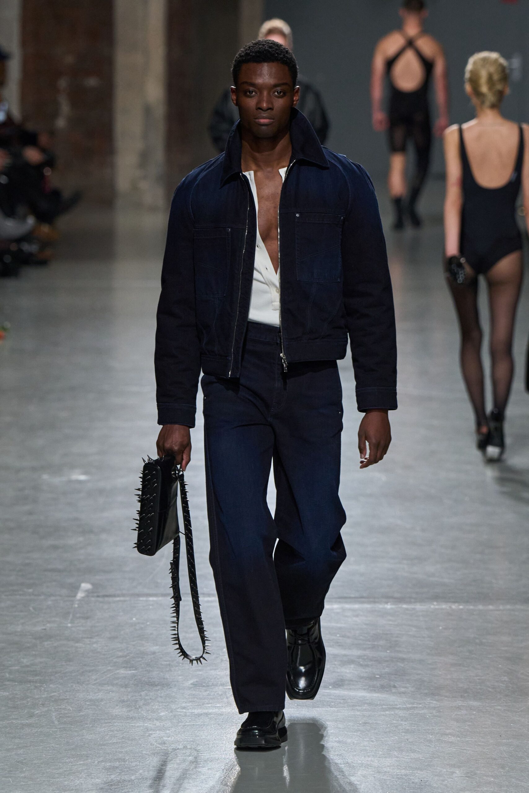 blue denim tailored straight-leg pants