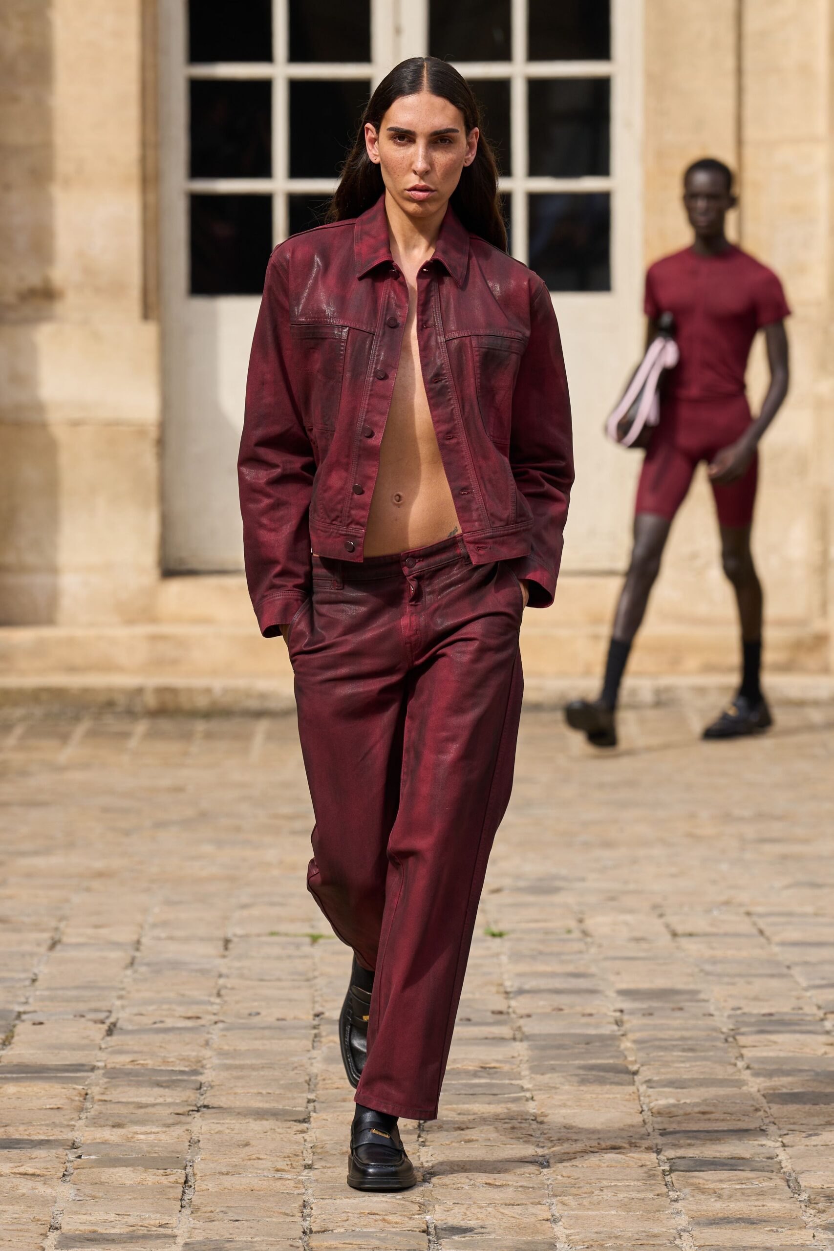 maroon leather long-sleeve collared fitted jacket