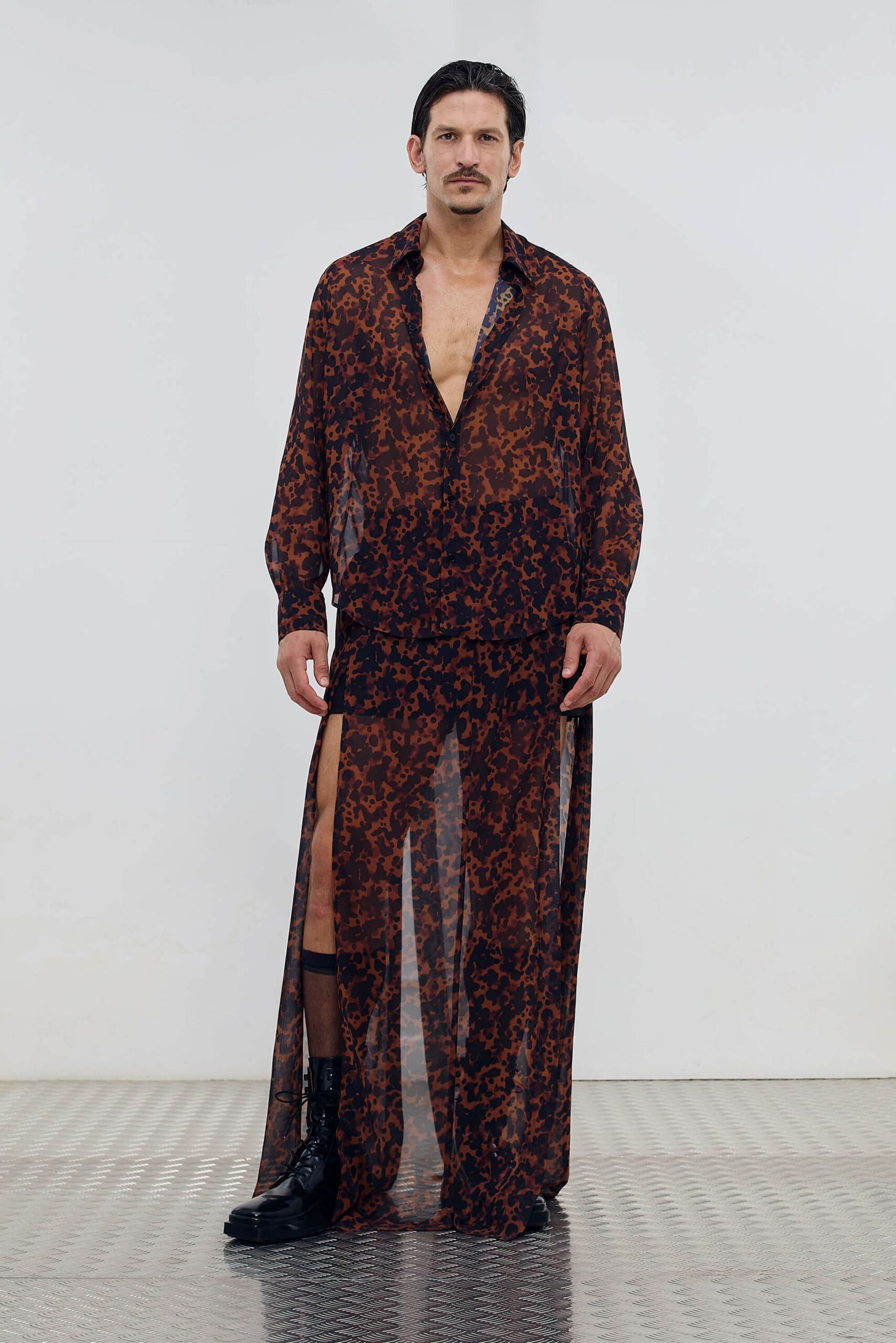 brown chiffon long-sleeve collared relaxed printed sheer shirt-dress