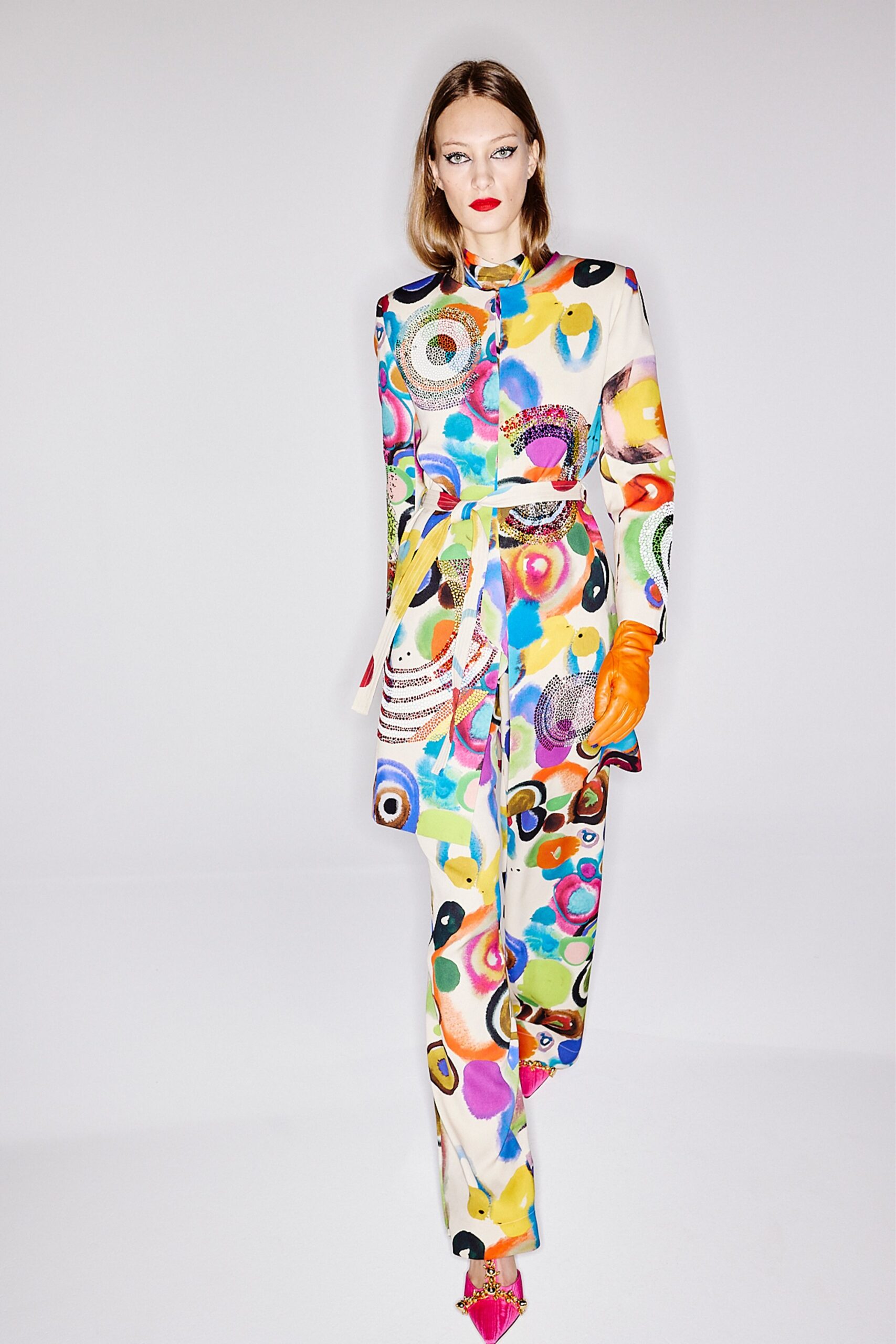 multi silk long-sleeve collared fitted belted printed jumpsuit