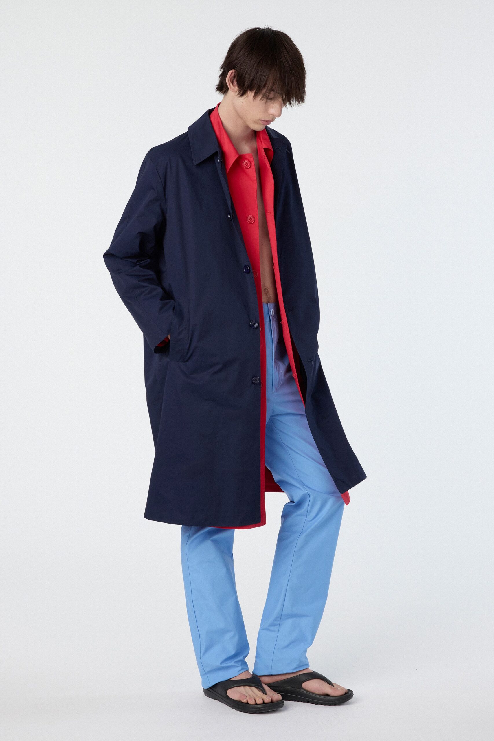 navy coat red shirt blue pants