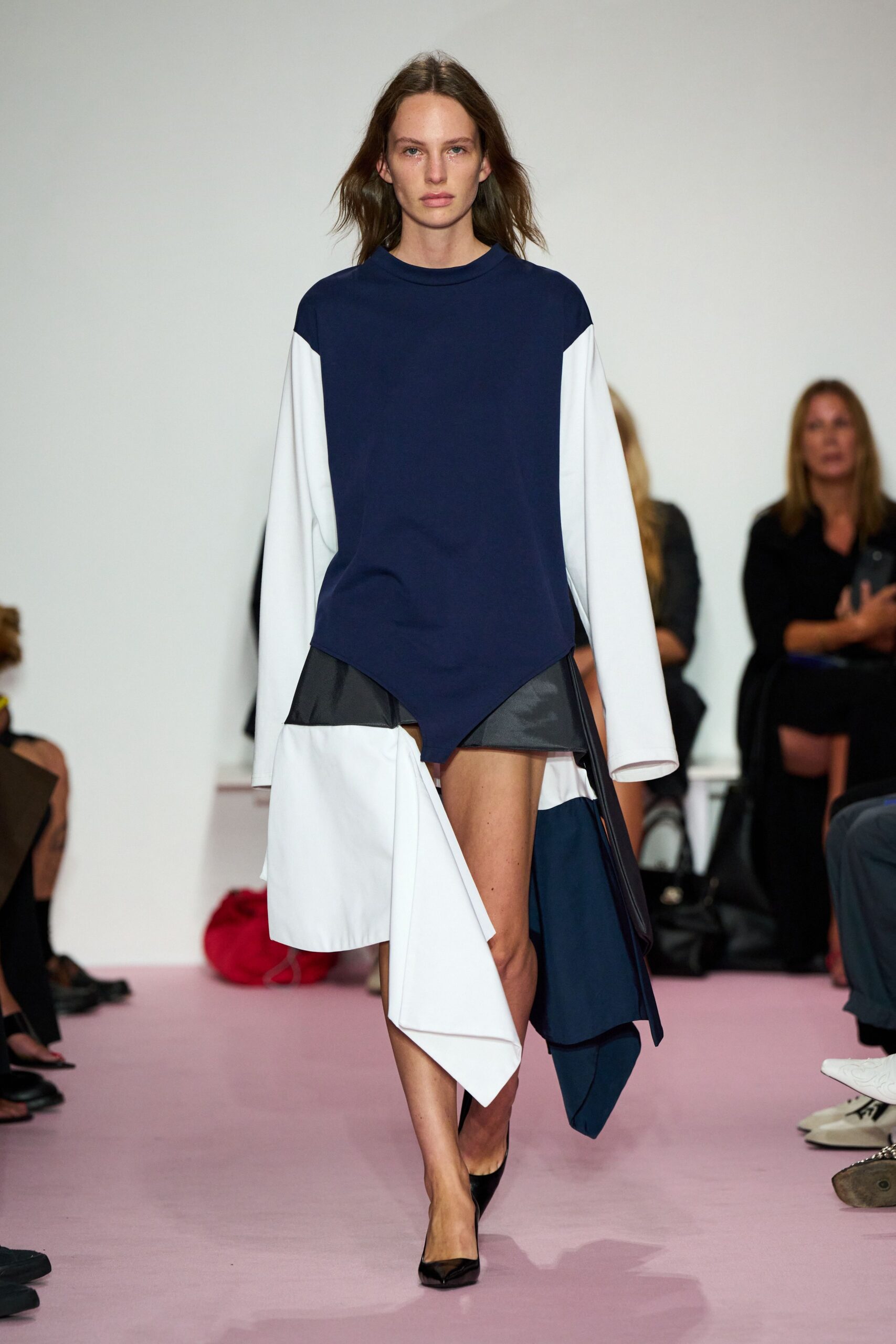 blue cotton long-sleeve asymmetric relaxed layered top