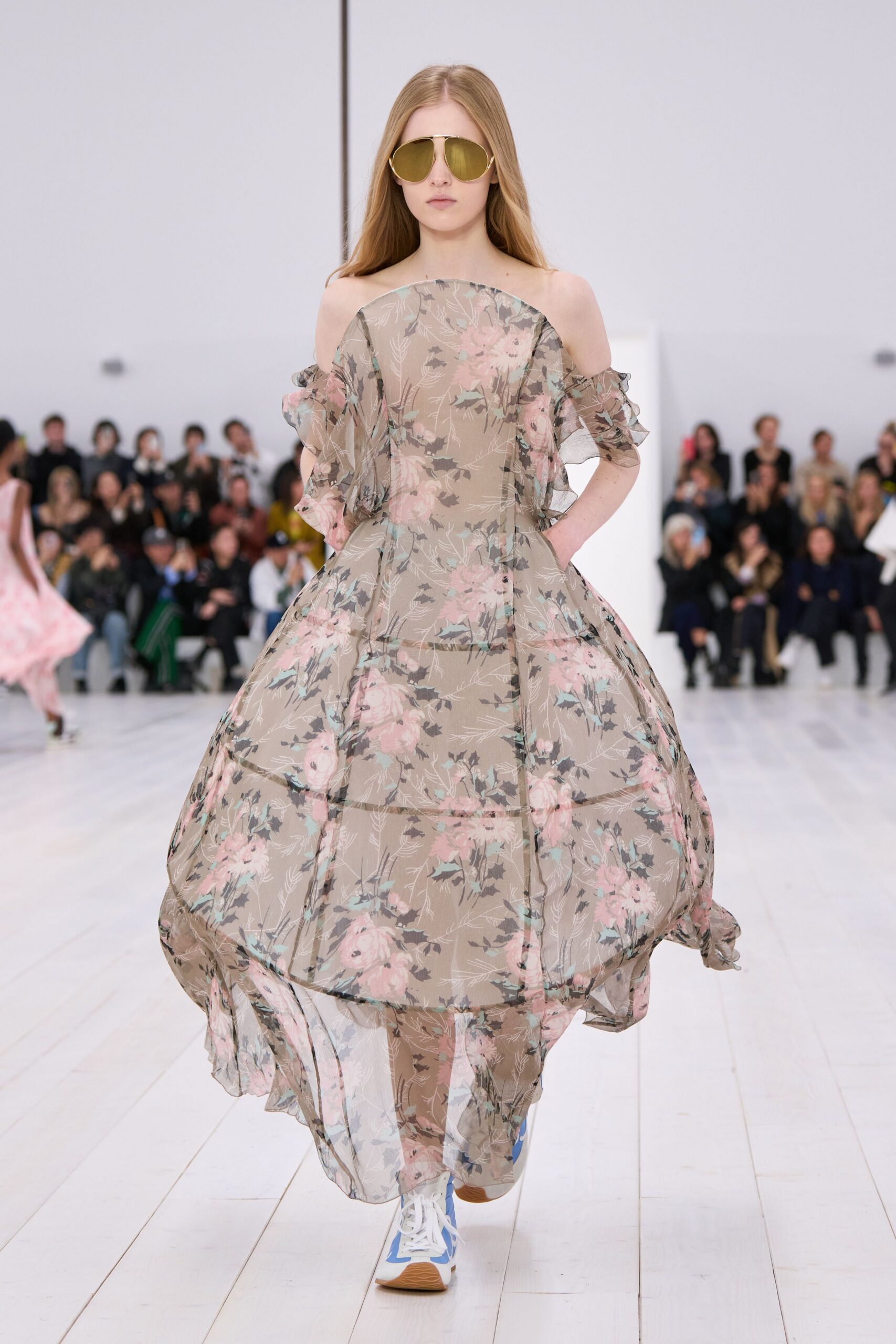 beige chiffon off-shoulder long-sleeve relaxed floral tiered dress