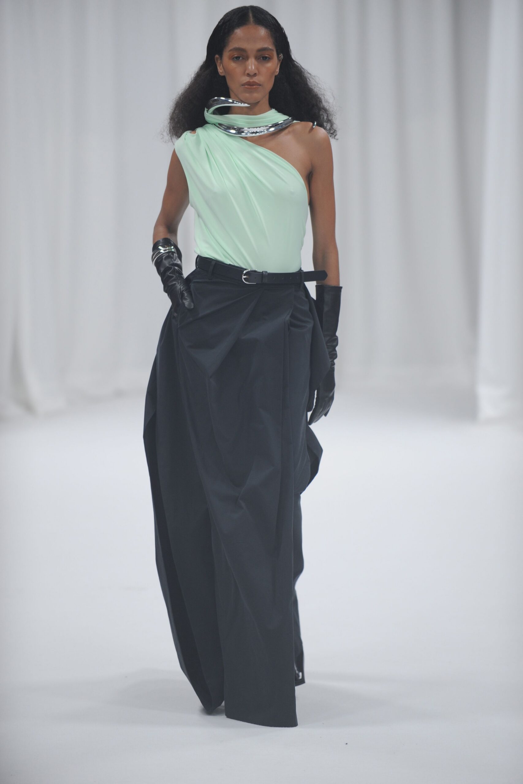 mint silk asymmetric top with black skirt
