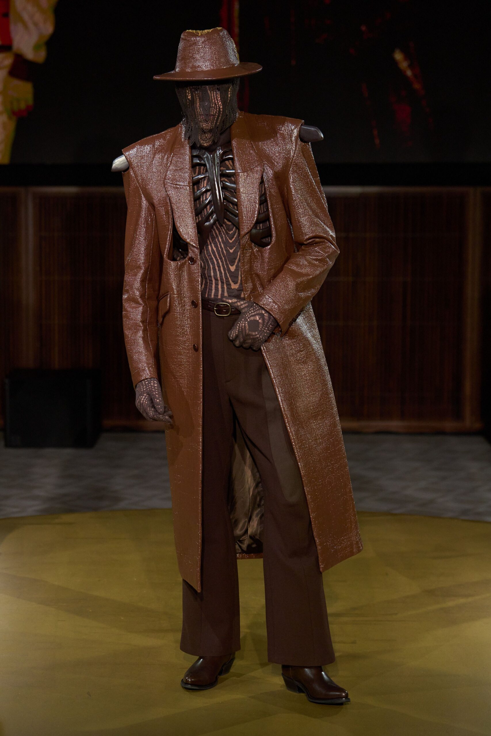 brown leather long-sleeve collared structured zippered maxi coat