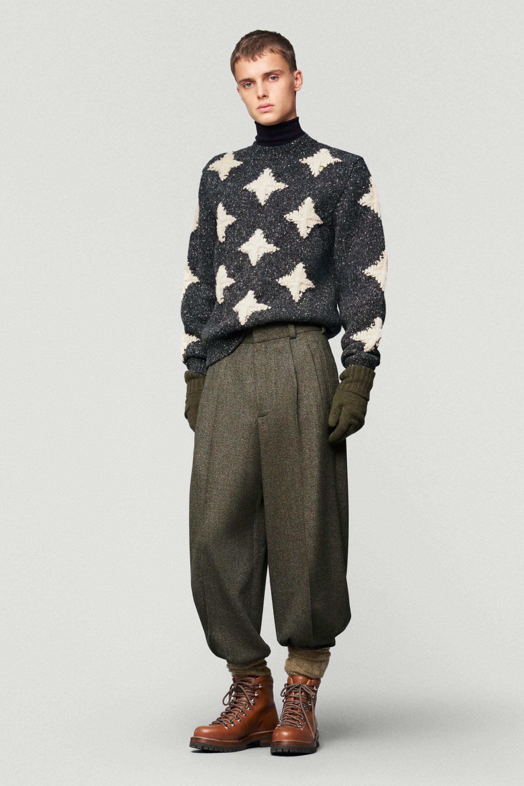 black wool long-sleeve turtleneck relaxed printed sweater