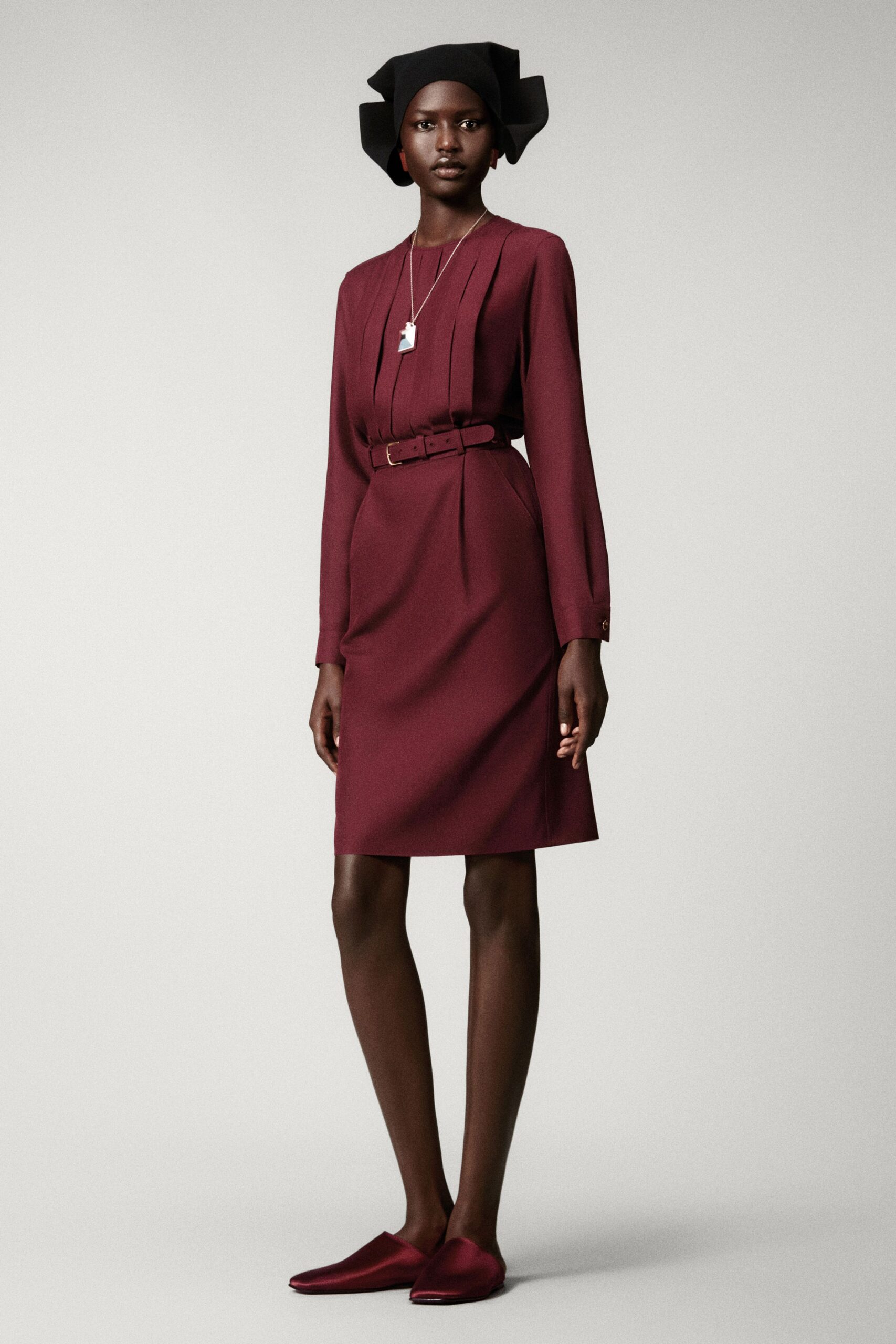 maroon cotton long-sleeve collared fitted pleated belted dress