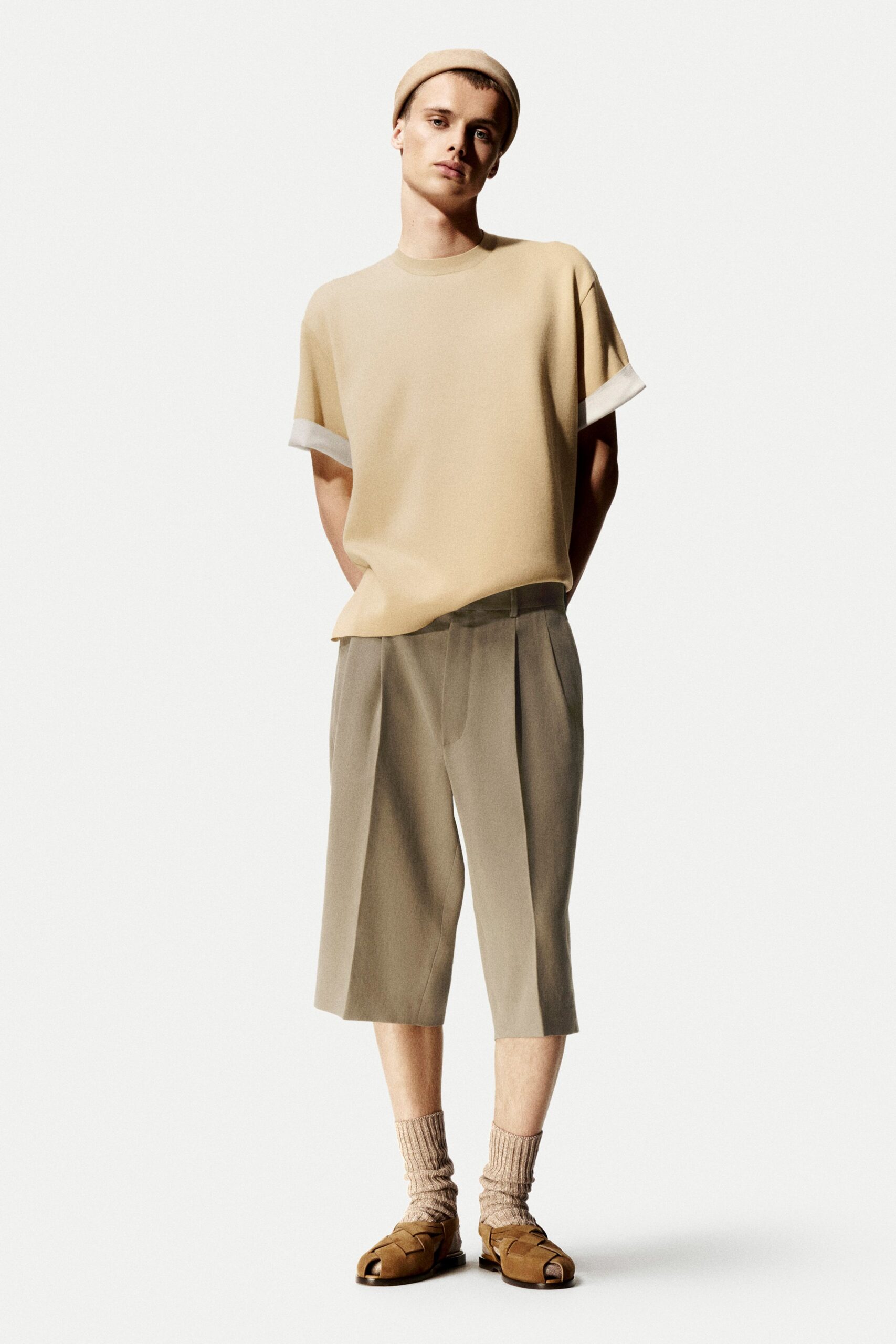 beige cotton short-sleeve collared relaxed top