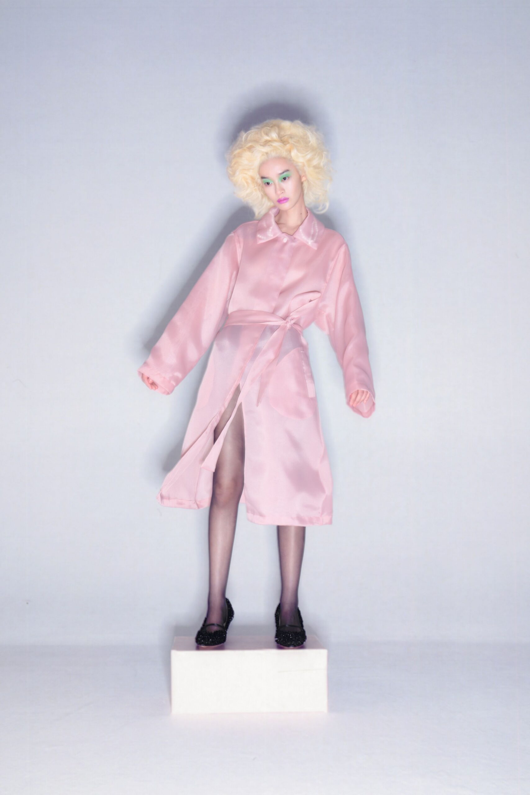 pink satin long-sleeve collared relaxed belted midi coat