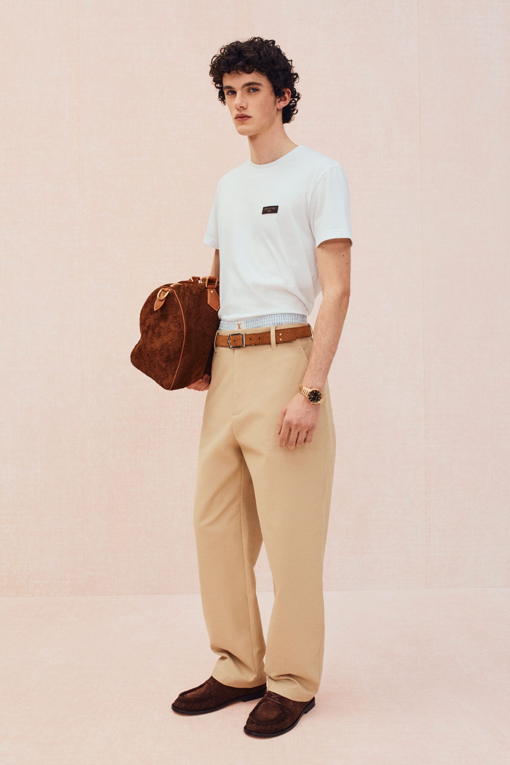 white t-shirt beige pants