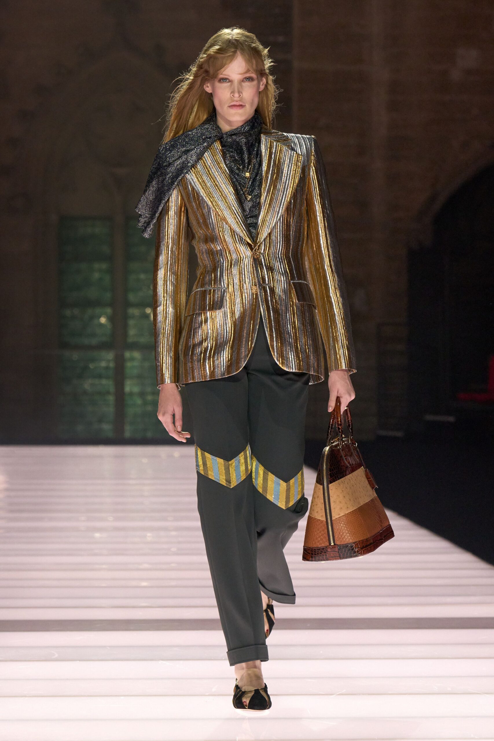 gold silk long-sleeve collared structured striped shiny blazer