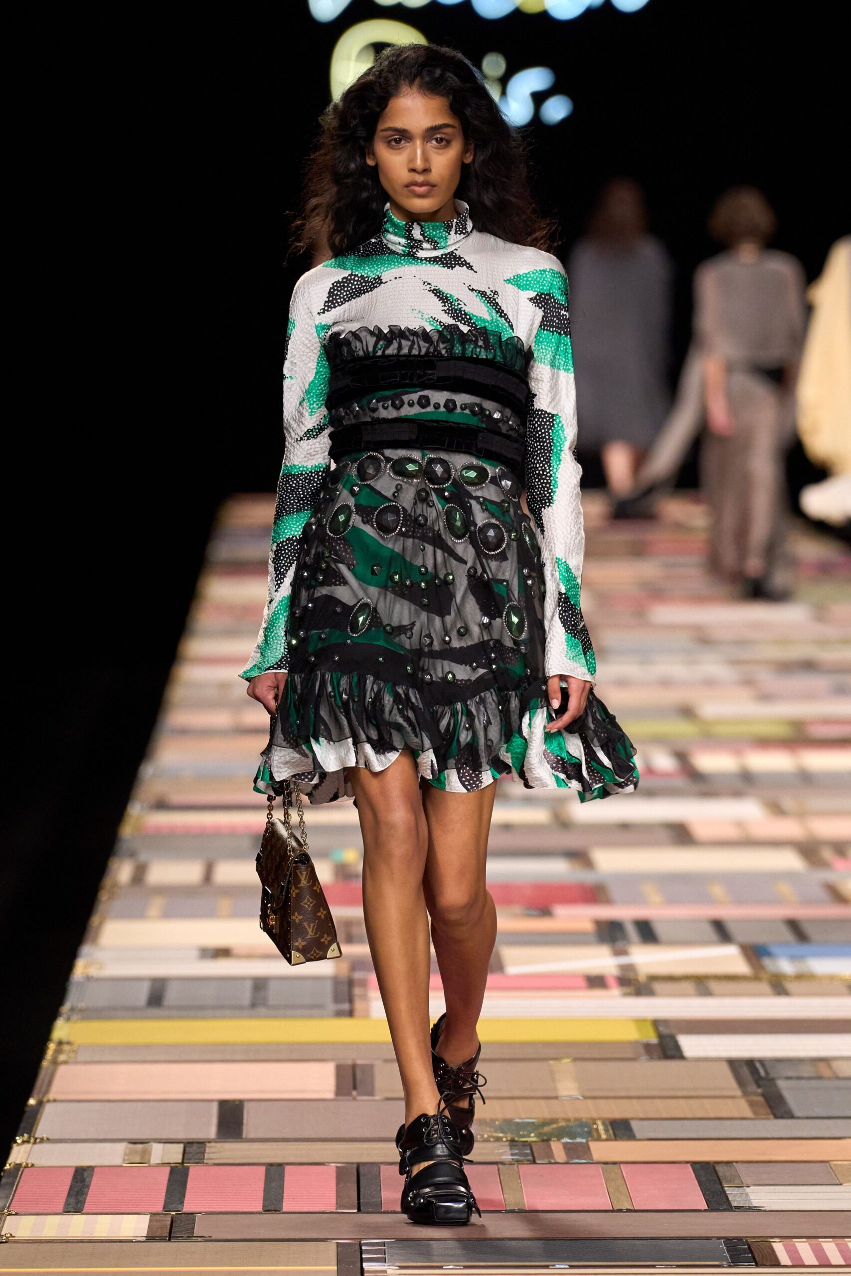 black silk long-sleeve collared fitted ruffled layered dress