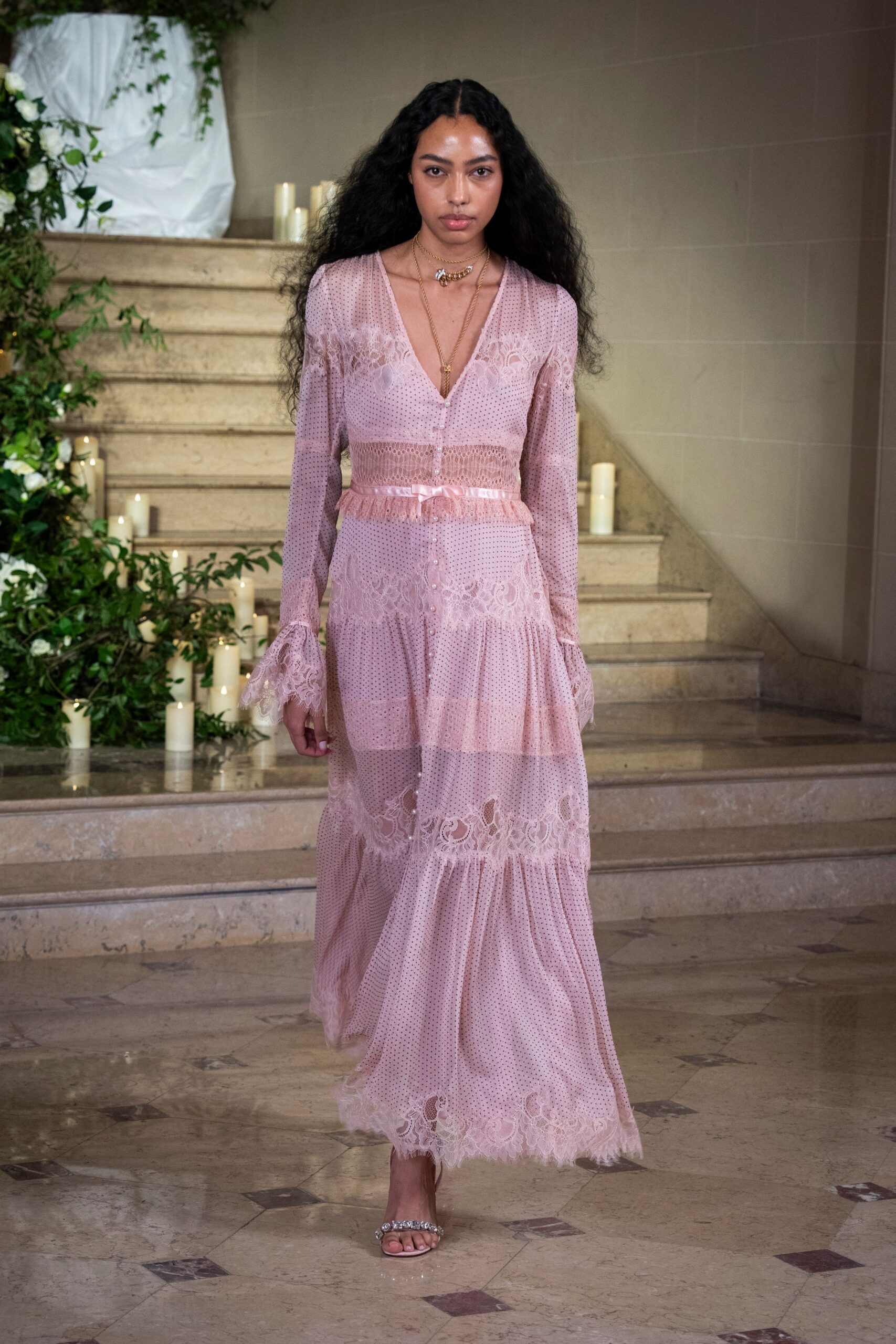 pink lace long-sleeve v-neck fitted pleated layered gown