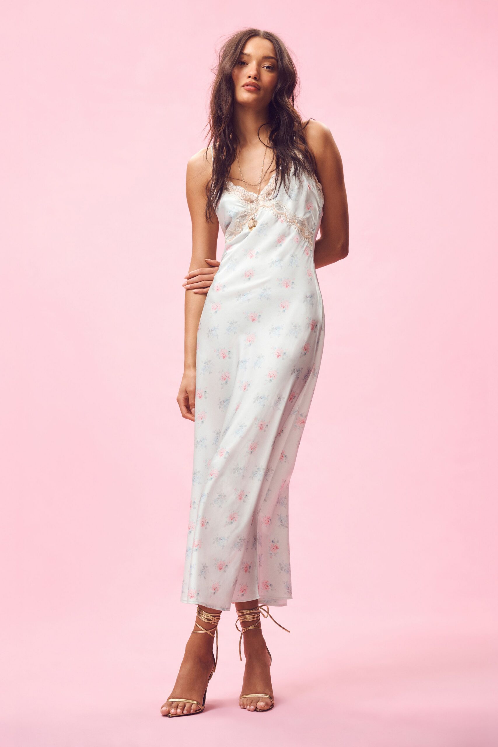 white silk sleeveless v-neck fitted floral tiered dress