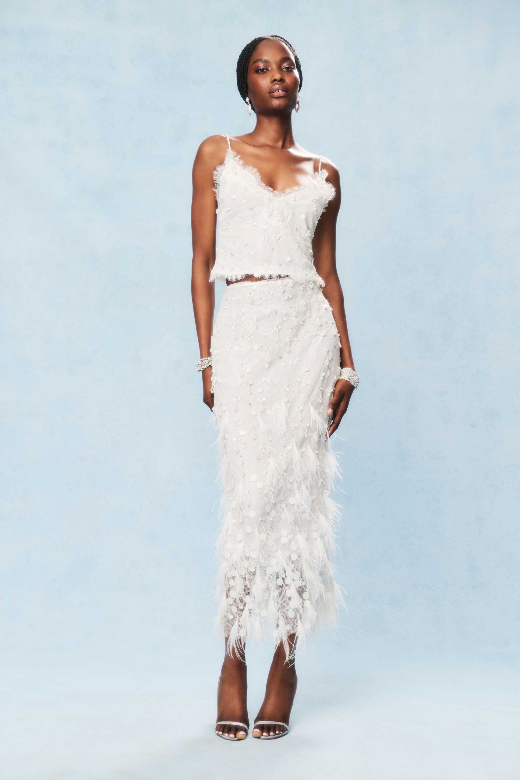 white silk sleeveless v-neck fitted embellished tiered dress