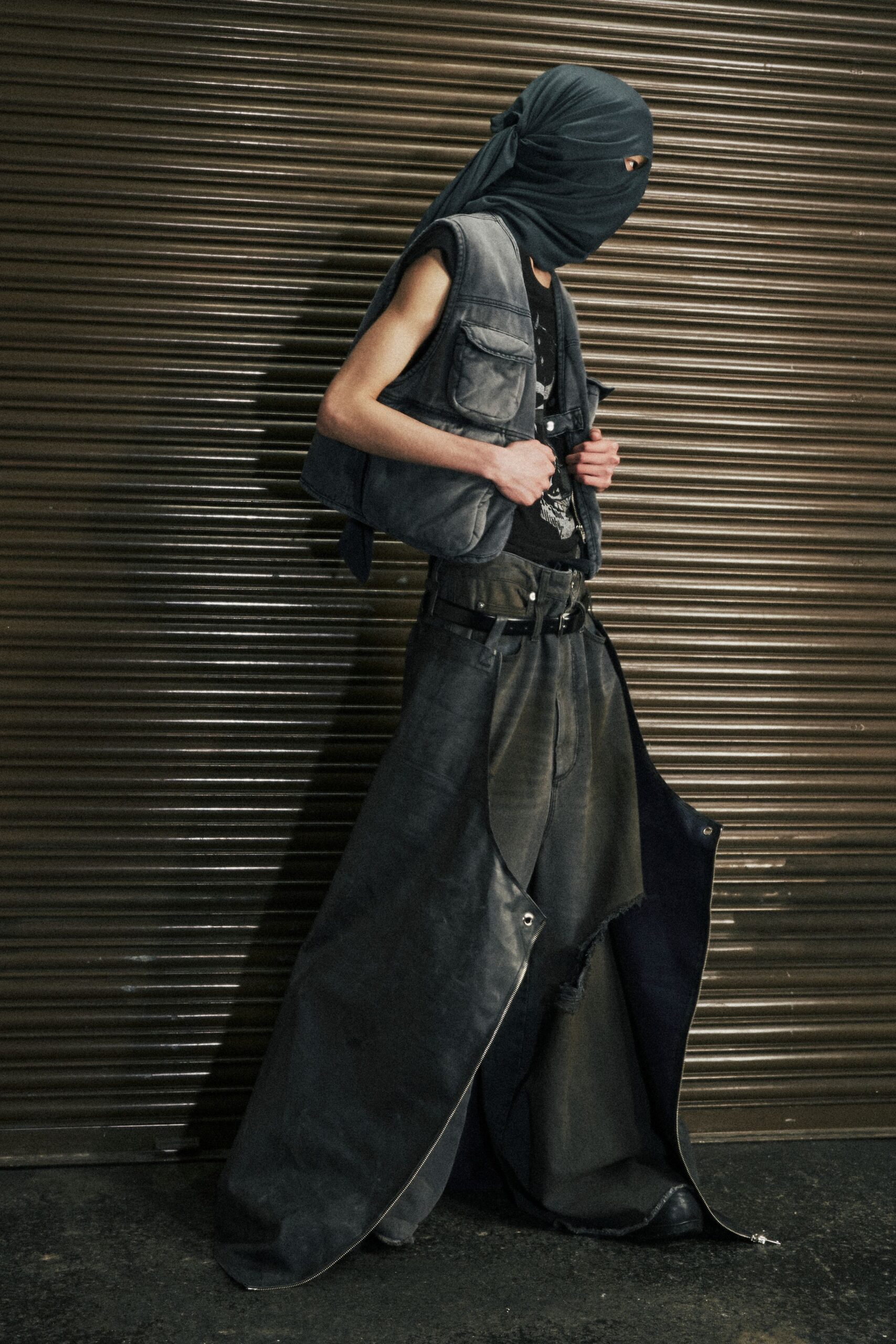 black denim long-sleeve asymmetric fitted maxi skirt