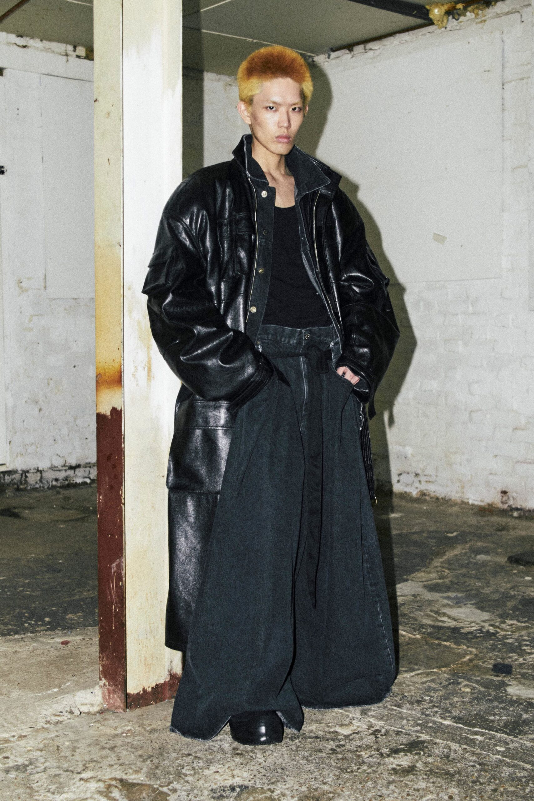 black leather oversized coat