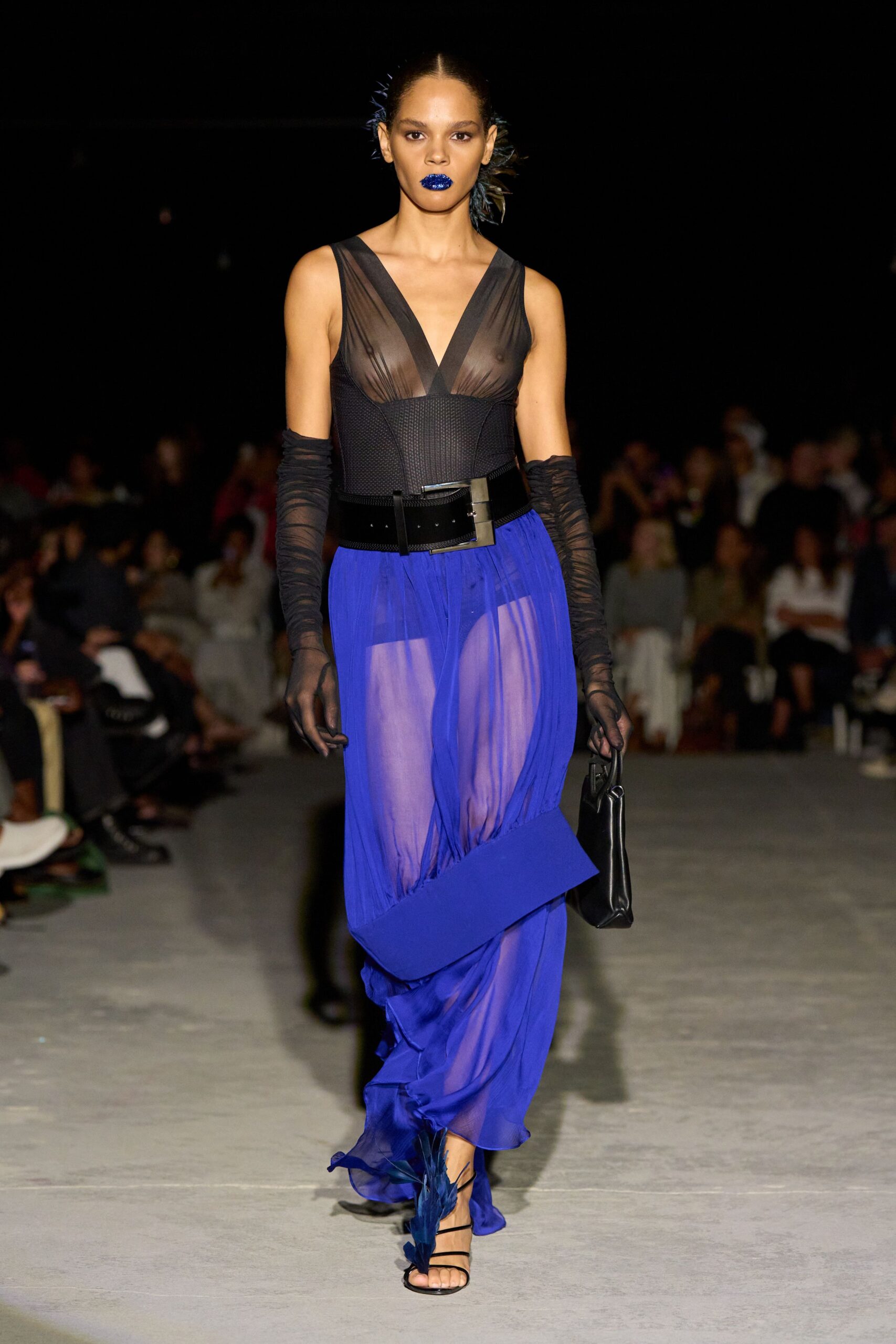 blue chiffon sleeveless v-neck fitted layered dress