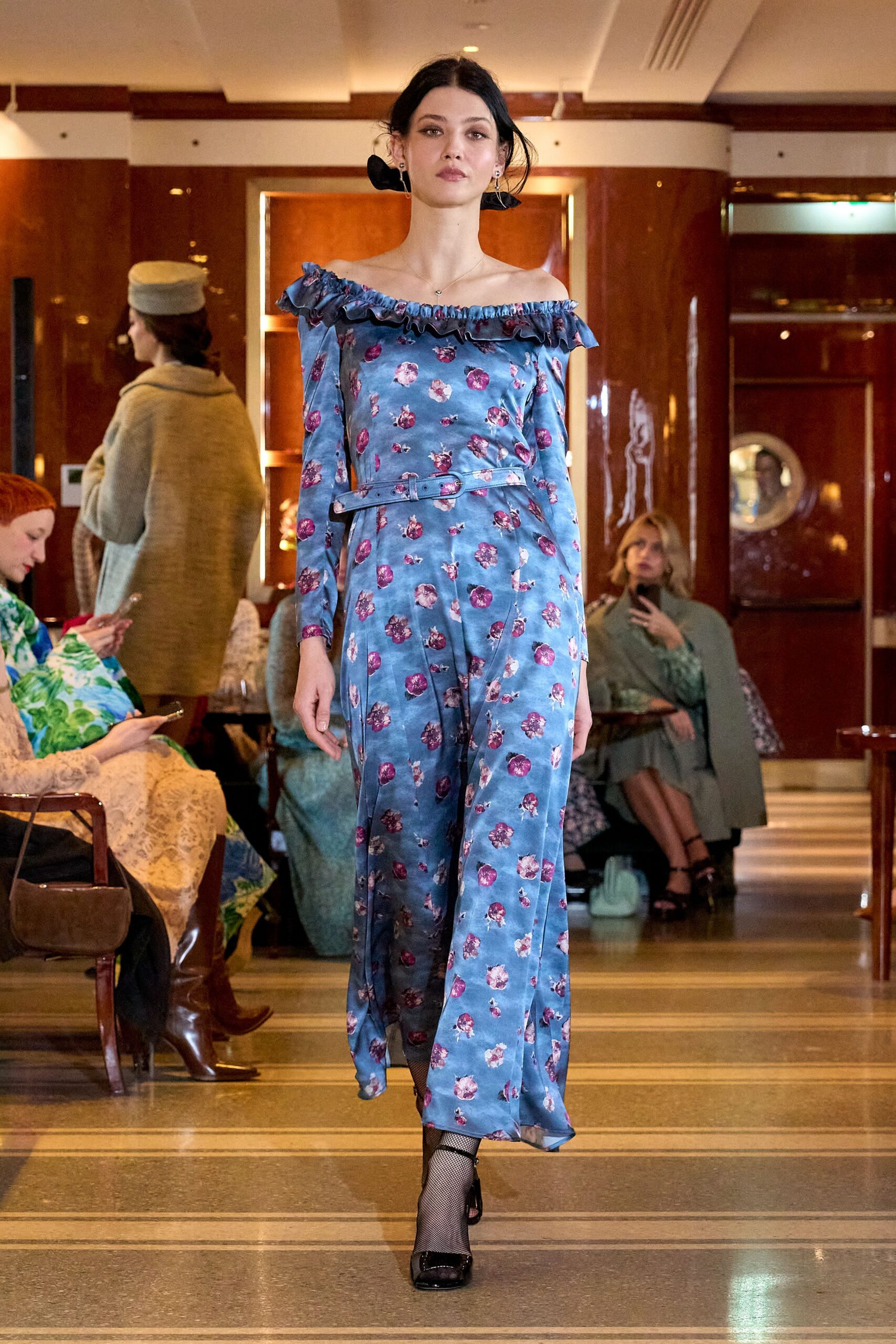 blue silk long-sleeve off-shoulder fitted floral ruffled dress