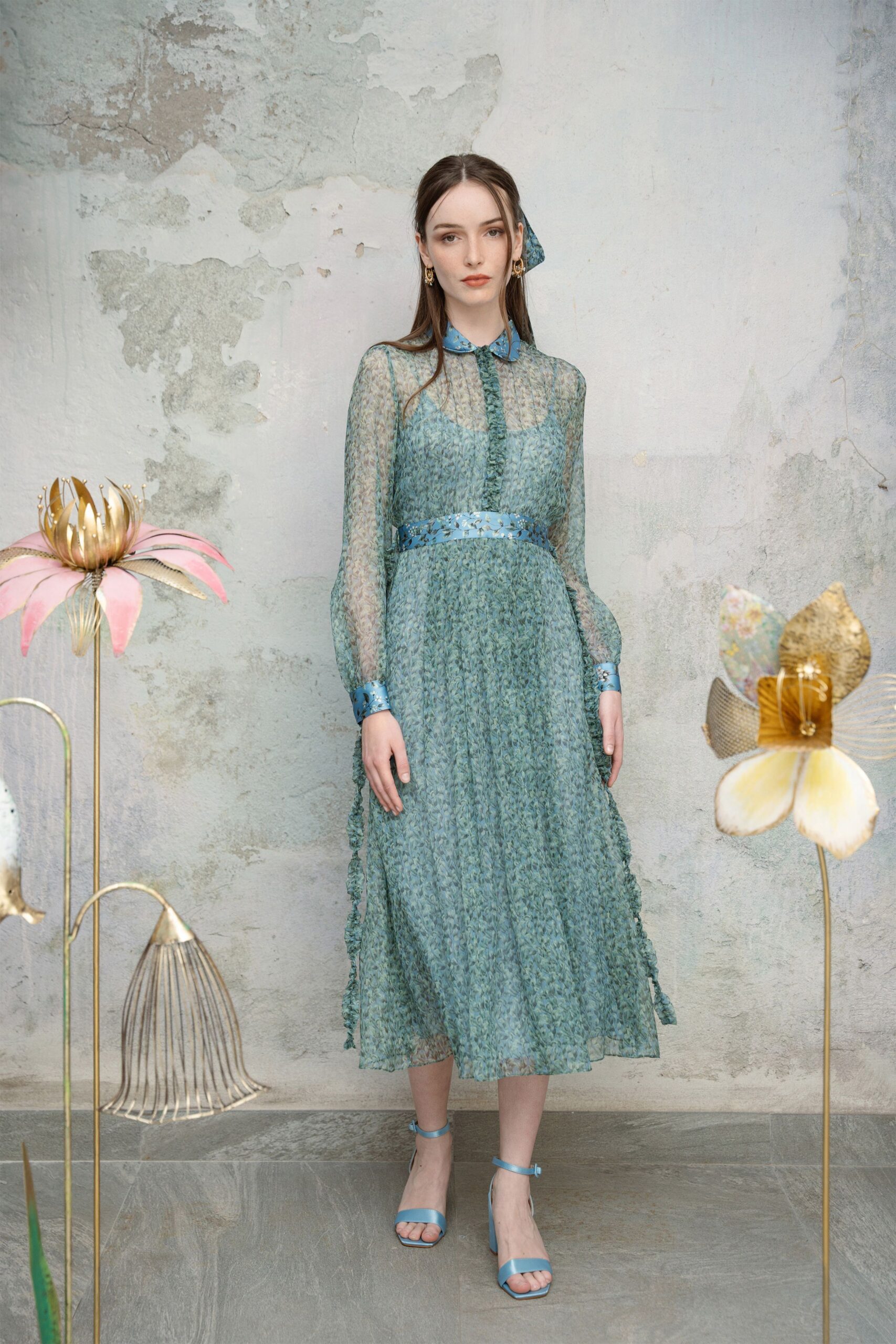 blue chiffon long-sleeve collared fitted floral tiered dress