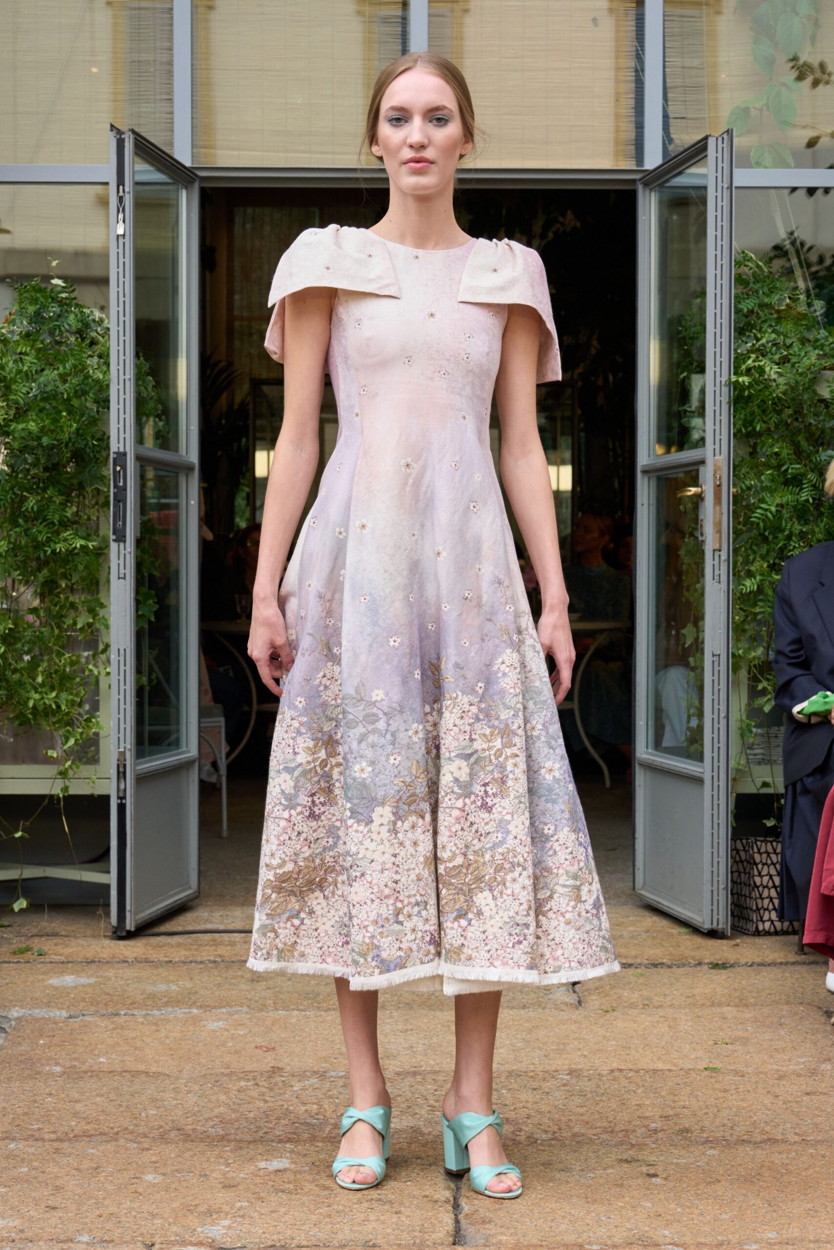 pink silk midi dress with teal shoes