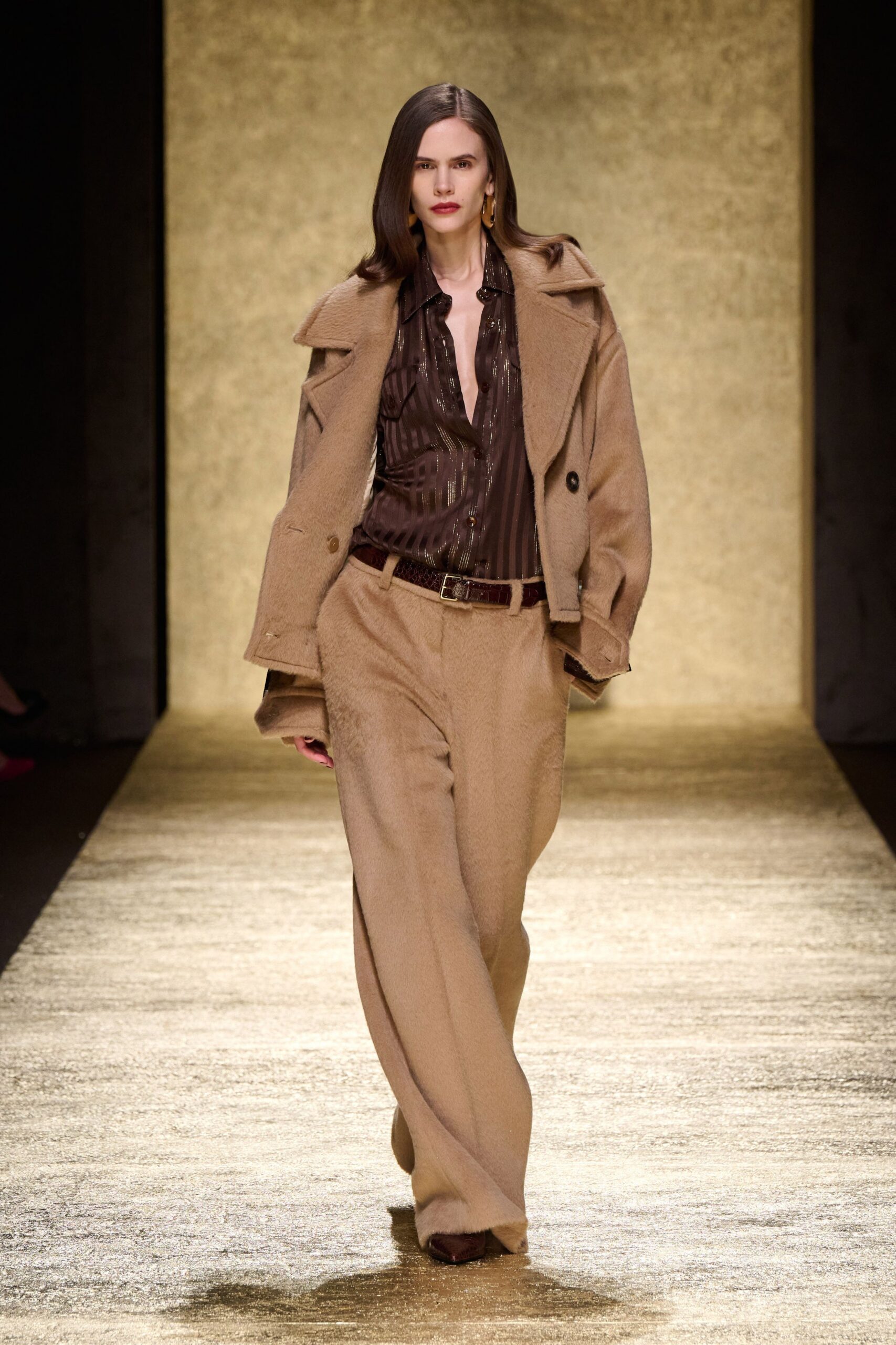 beige wool coat with brown shirt