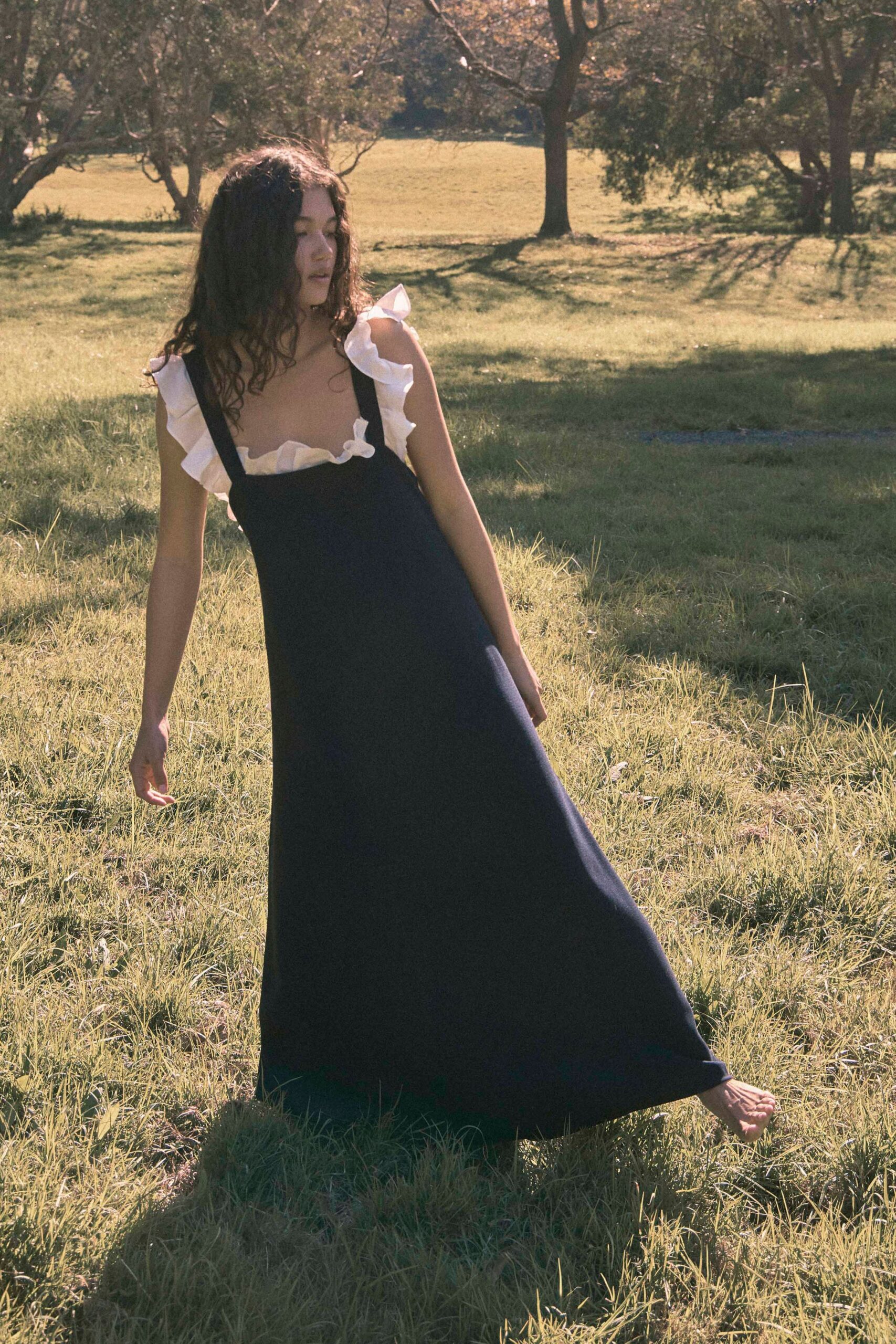 black and white ruffled maxi dress