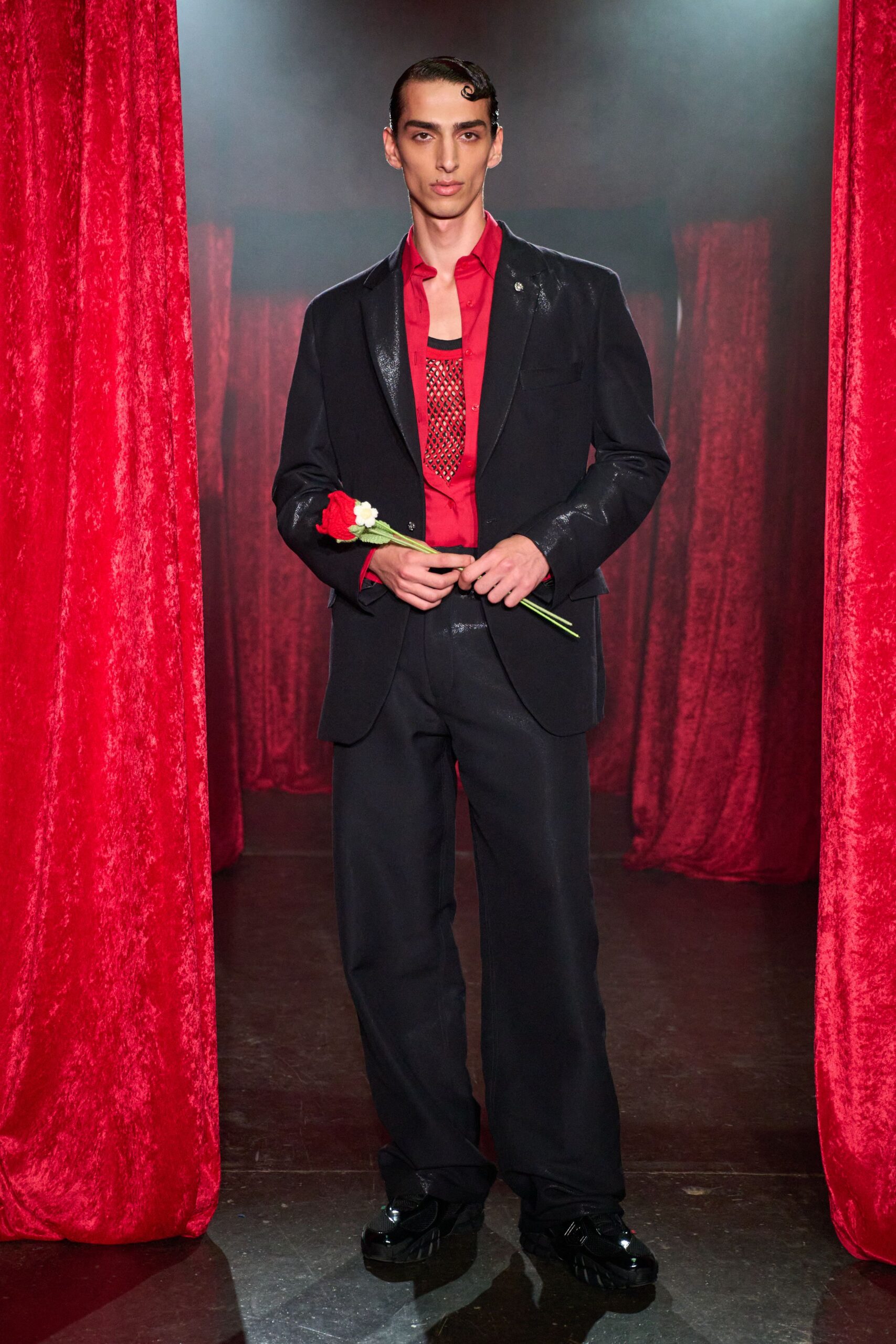 black satin long-sleeve collared tailored buttoned blazer