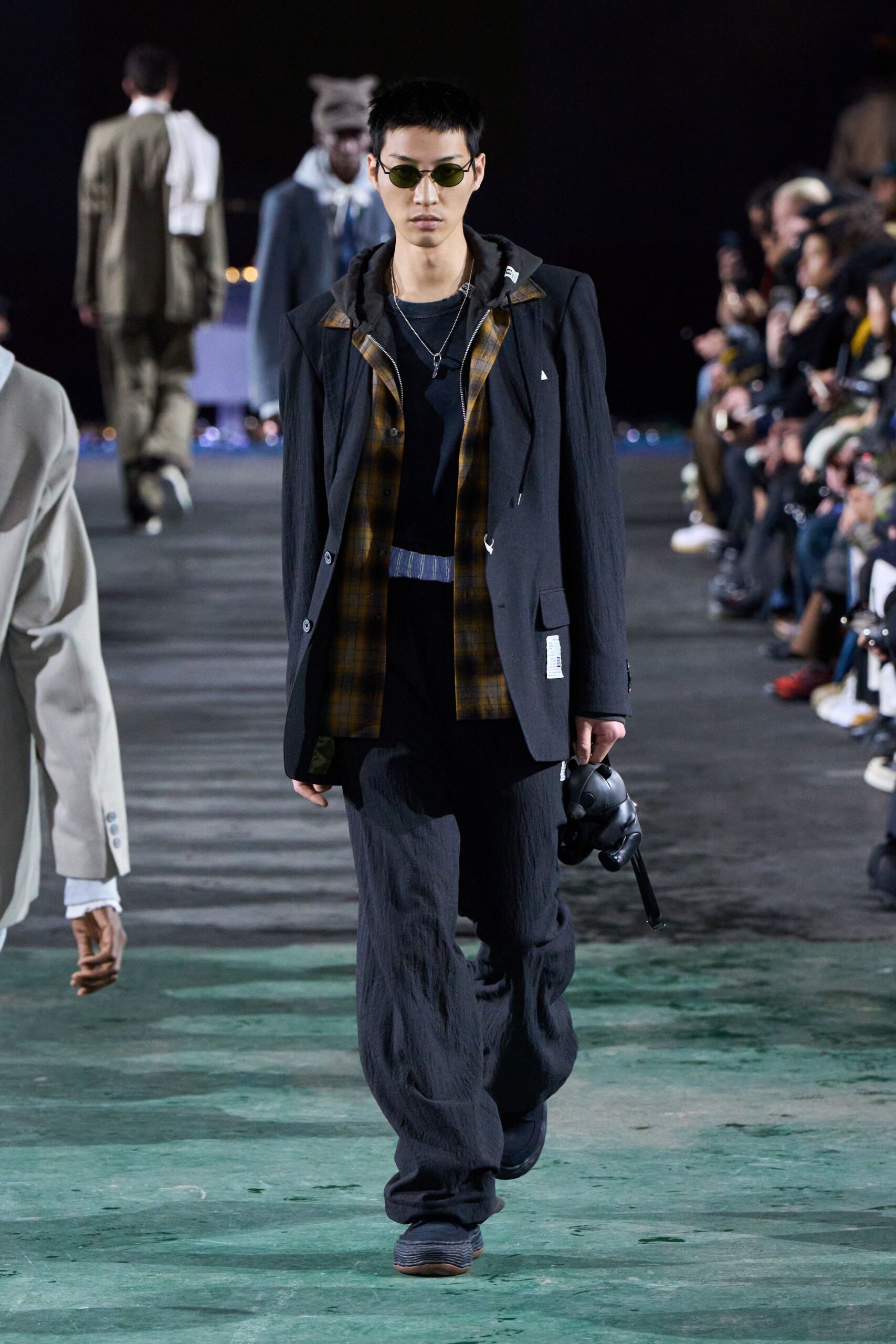 black cotton long-sleeve collared structured buttoned layered jacket