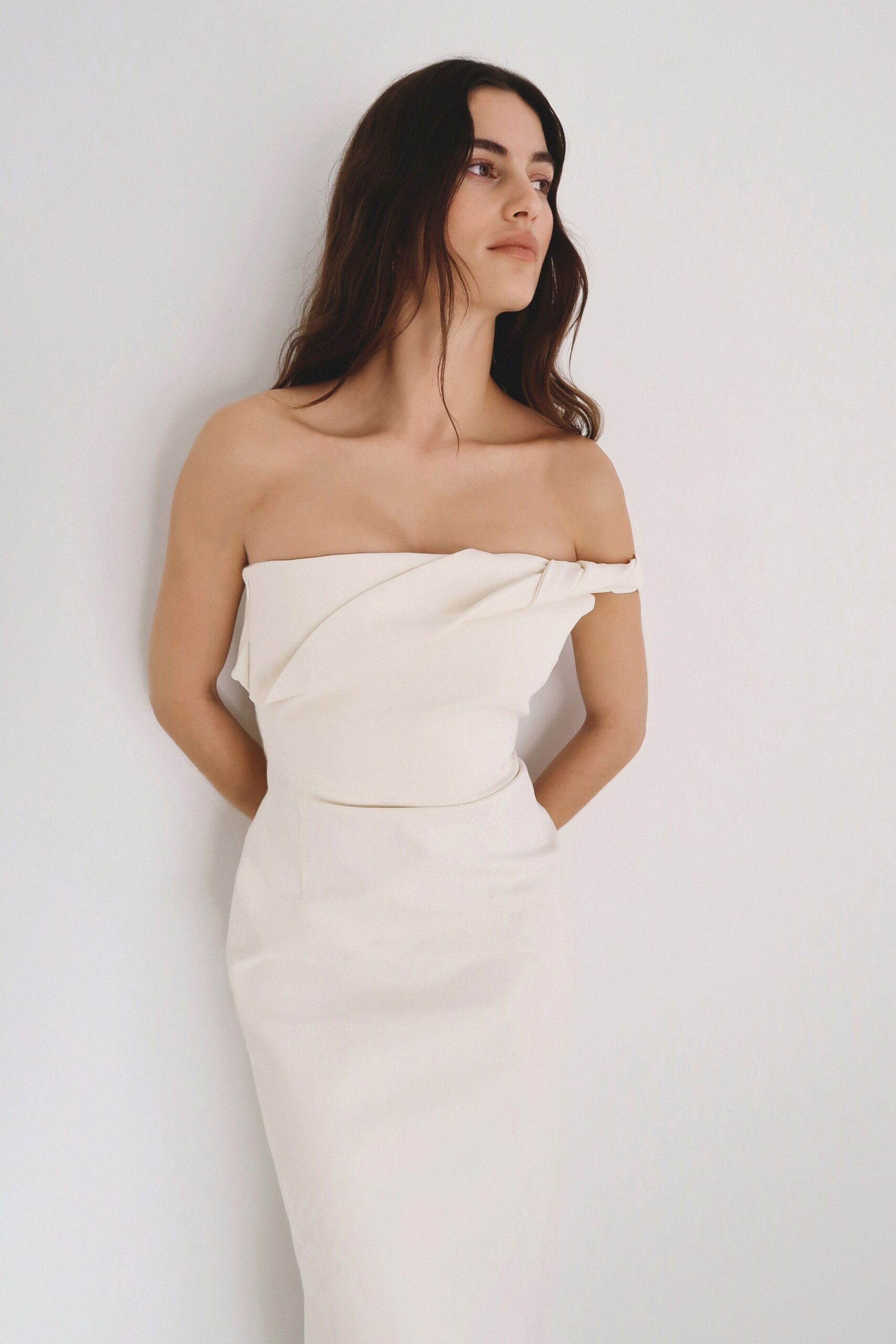 white strapless draped midi dress