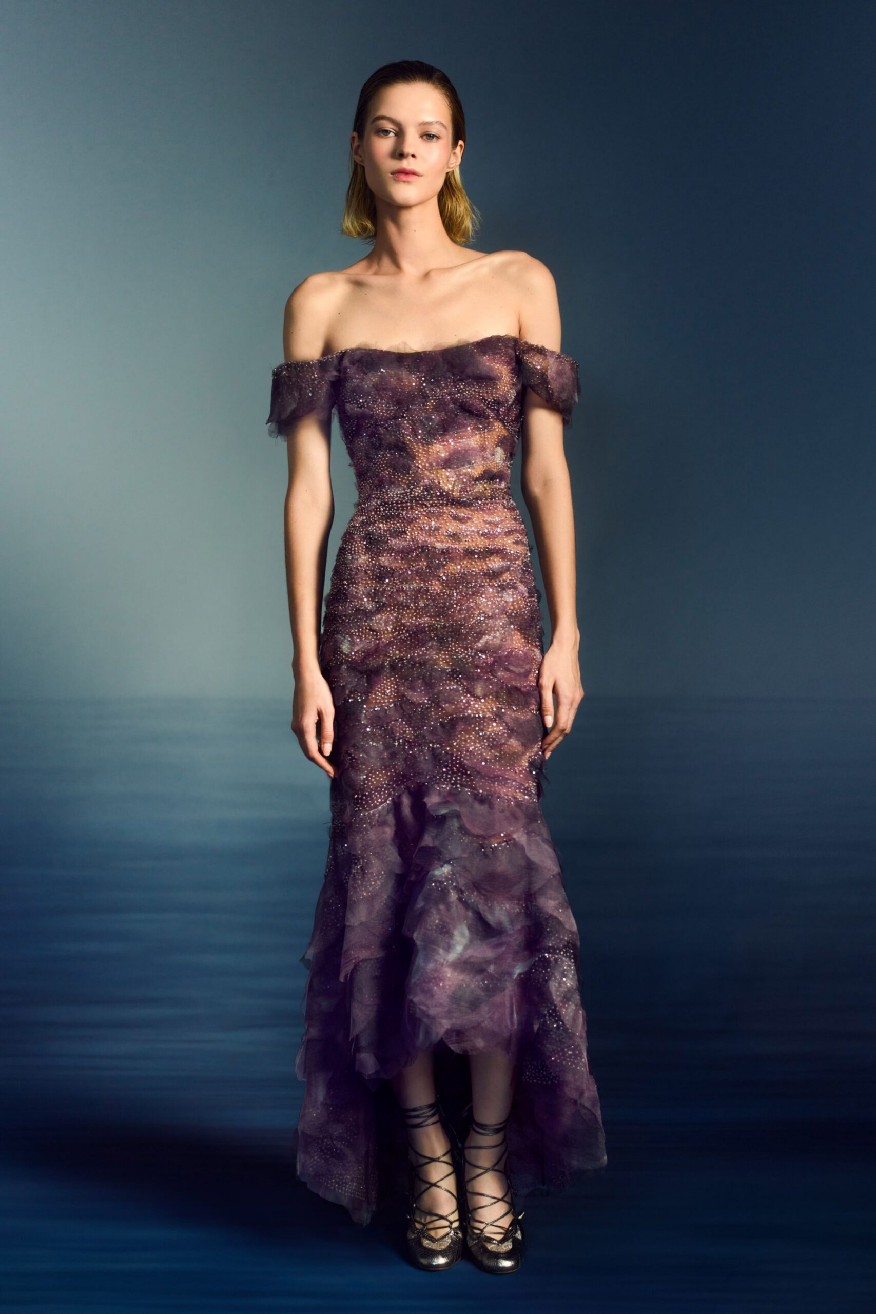 purple silk off-shoulder fitted ruffled layered sheer gown
