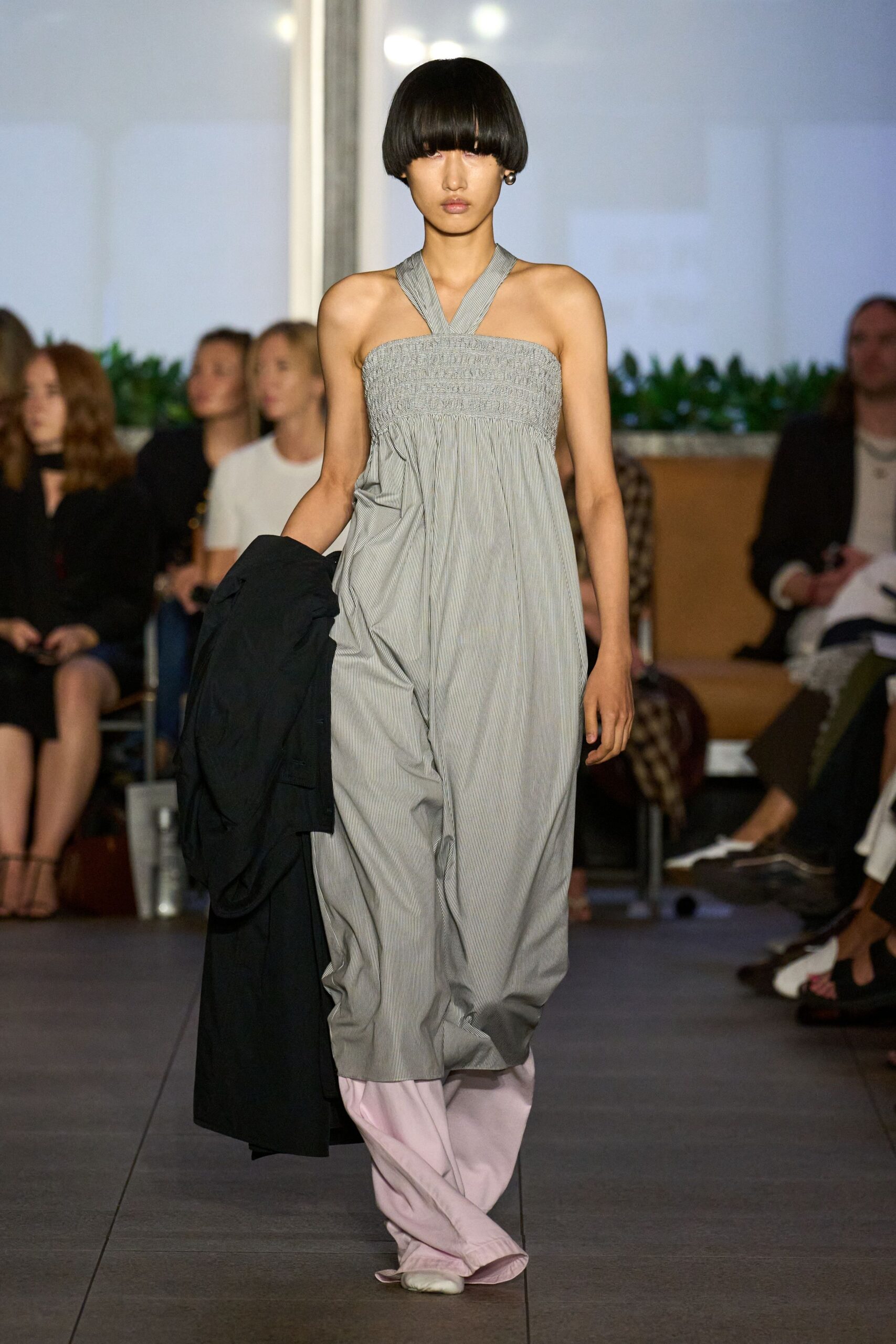 gray cotton sleeveless halter relaxed pleated maxi dress