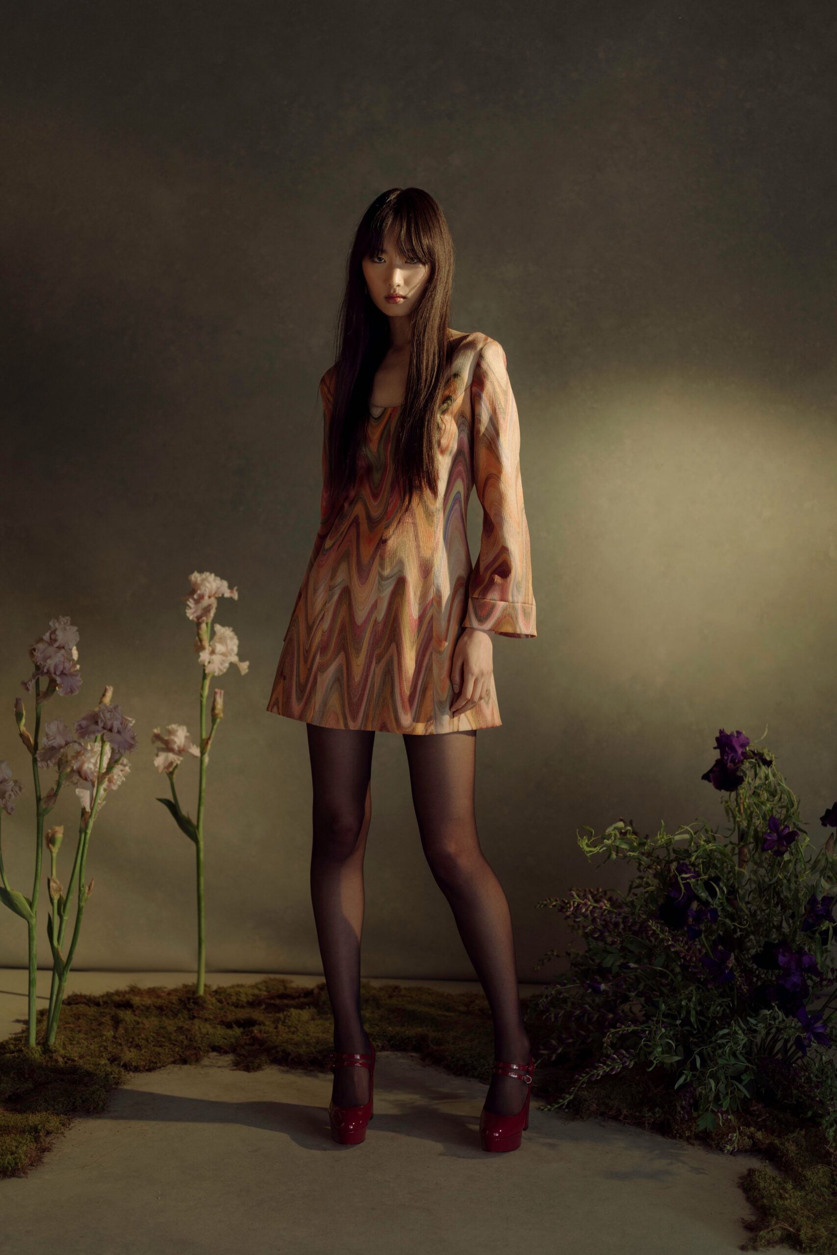 multi silk long-sleeve square-neck fitted printed mini mini-dress