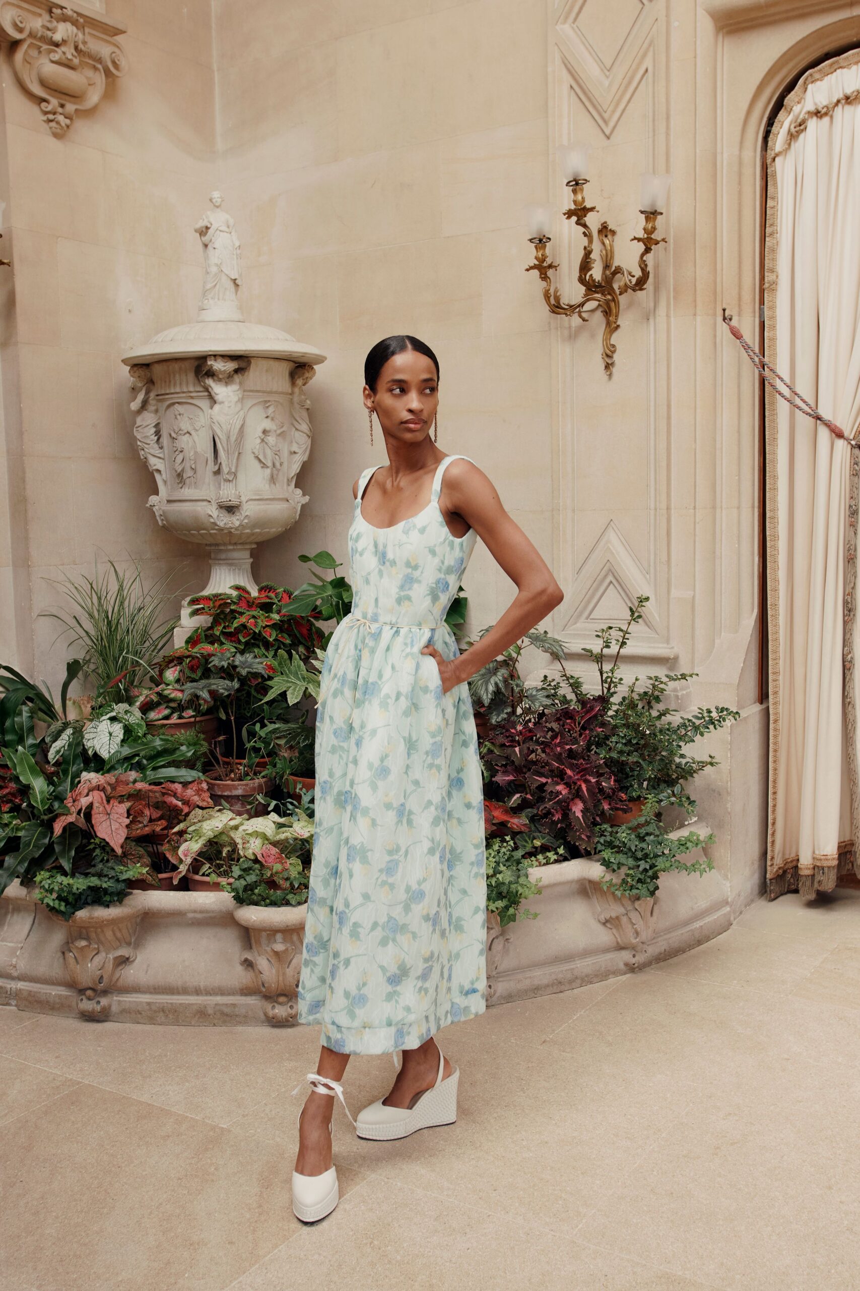 blue floral midi dress with wedges