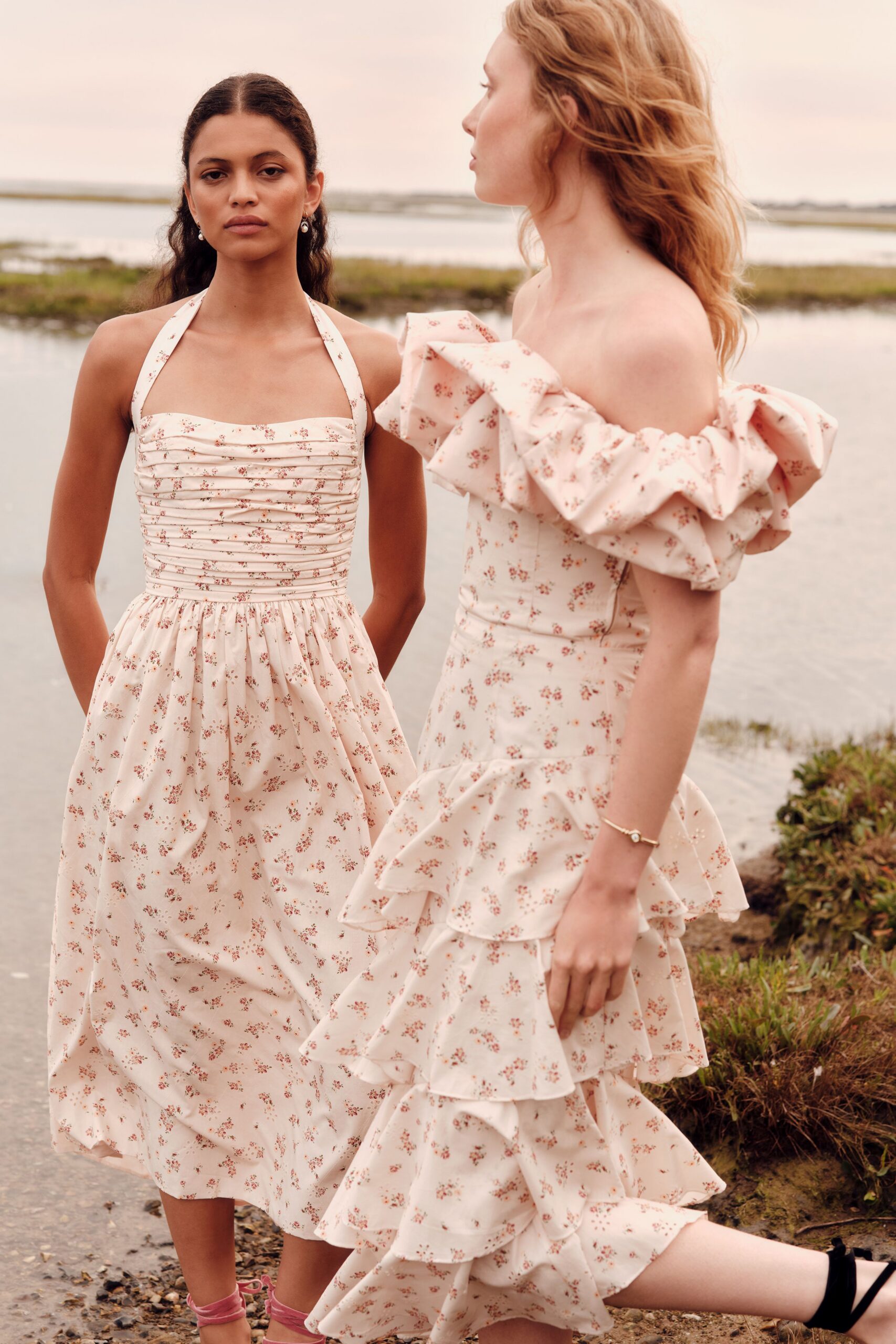 pink cotton sleeveless off-shoulder fitted floral ruffled dress