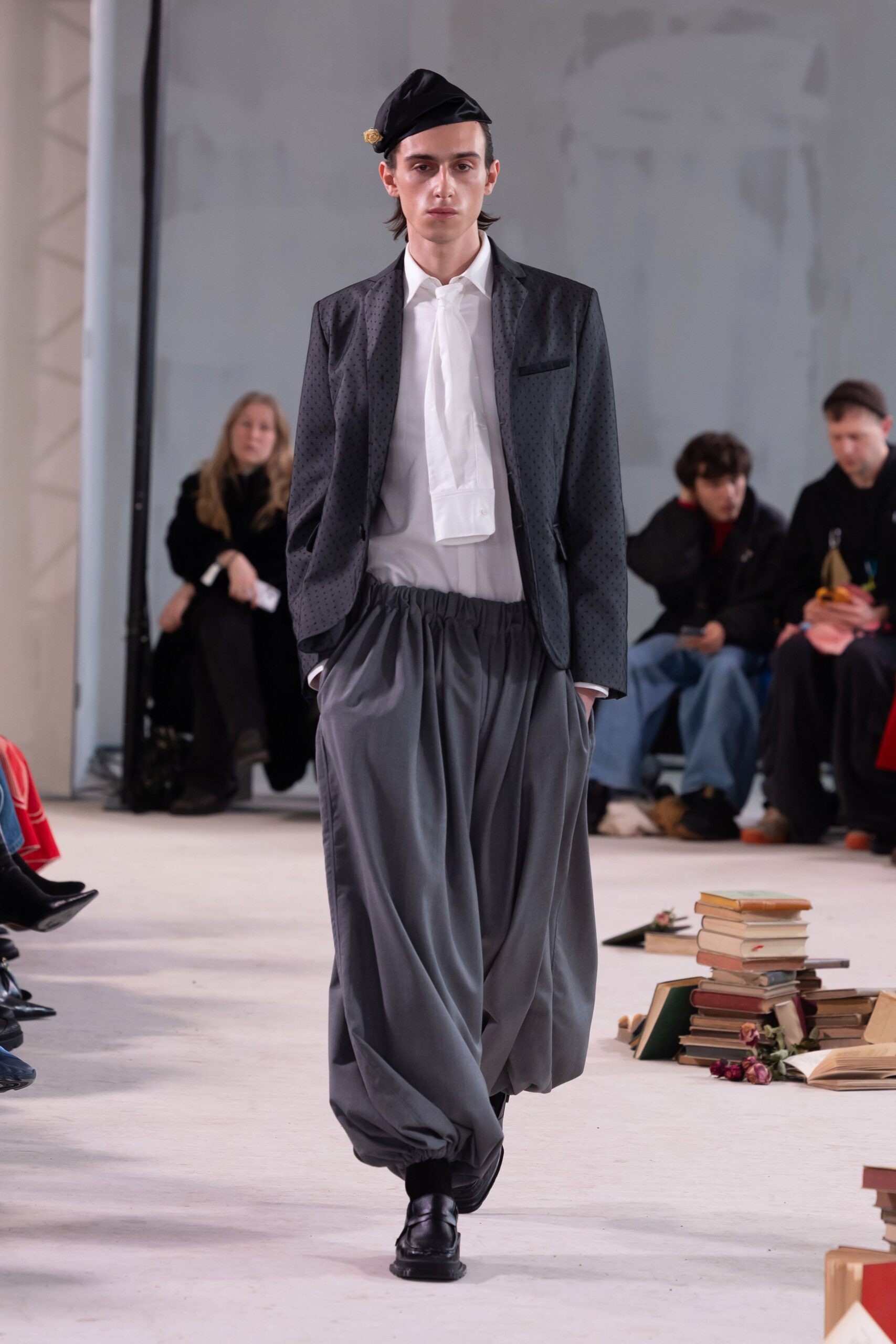 black blazer white shirt gray pants