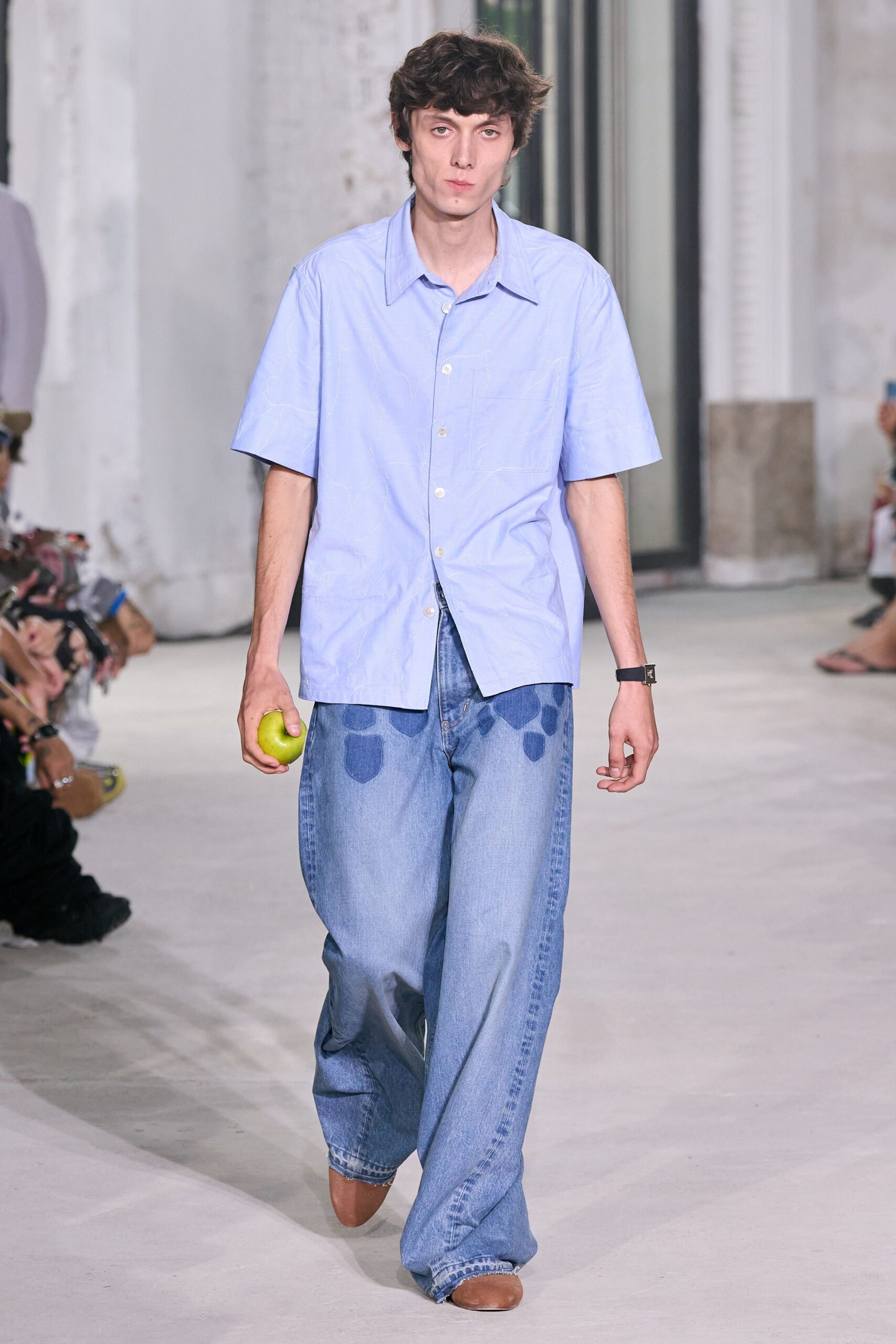 blue cotton shirt with denim pants