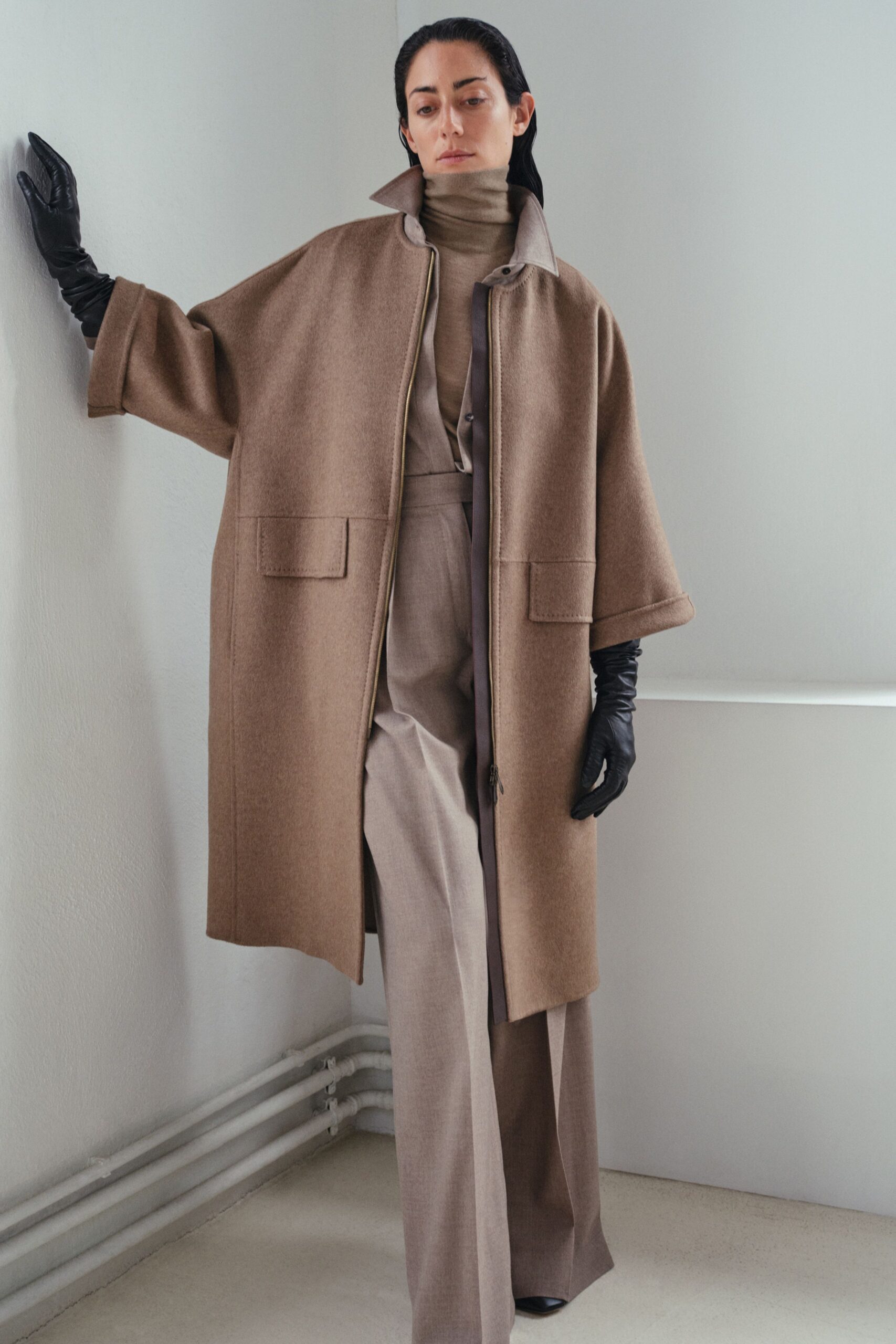 brown wool coat with beige top