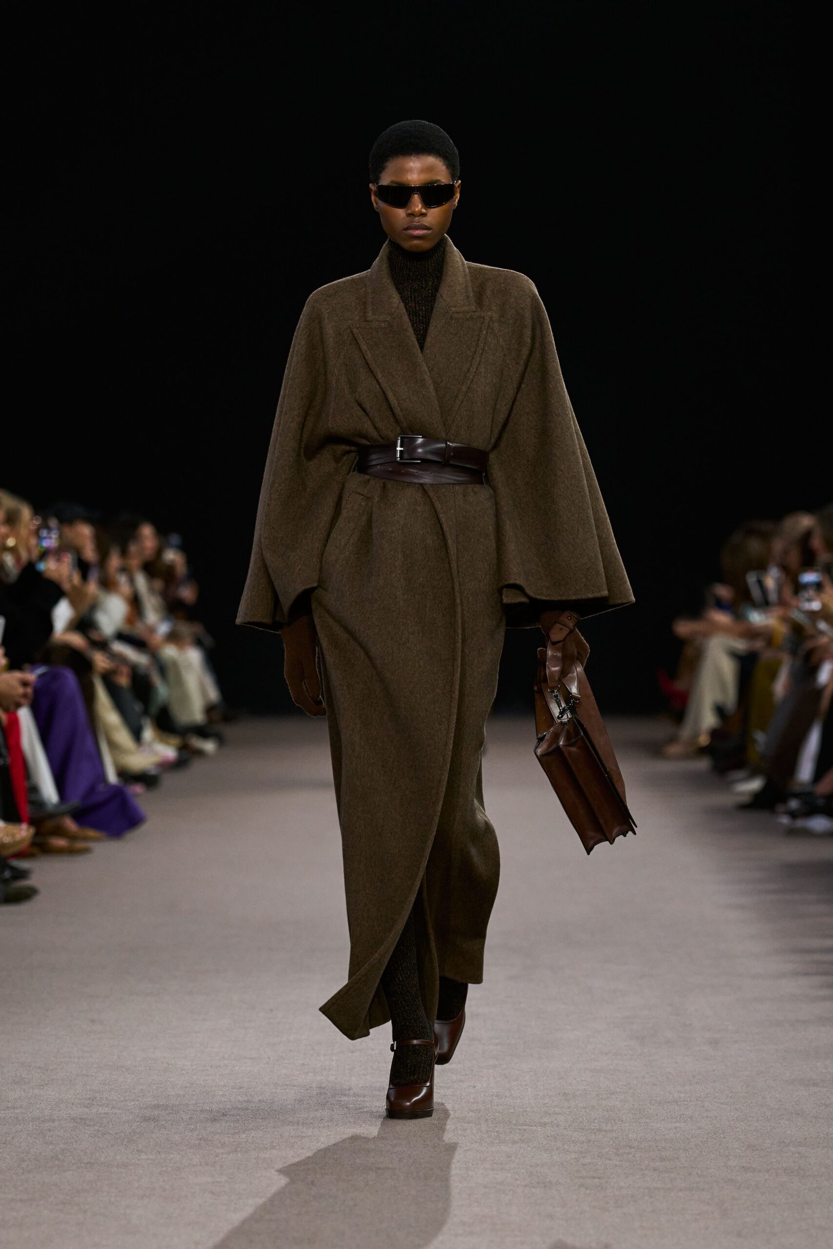 brown wool long-sleeve collared relaxed belted maxi coat