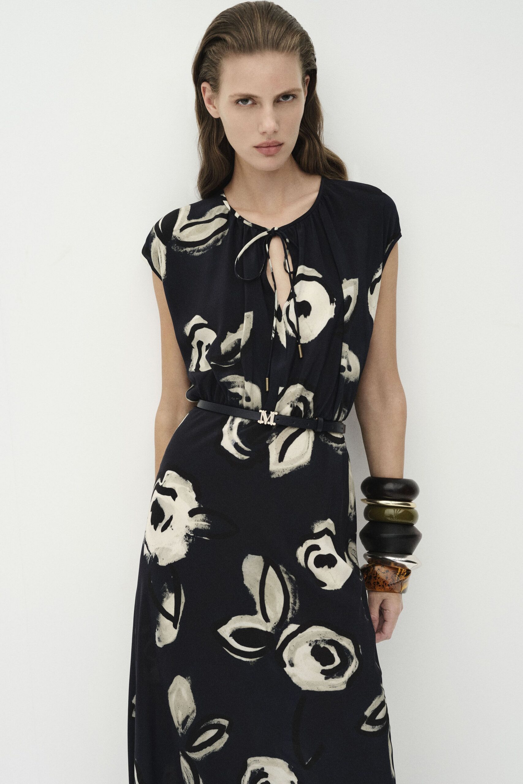 black and white floral midi dress