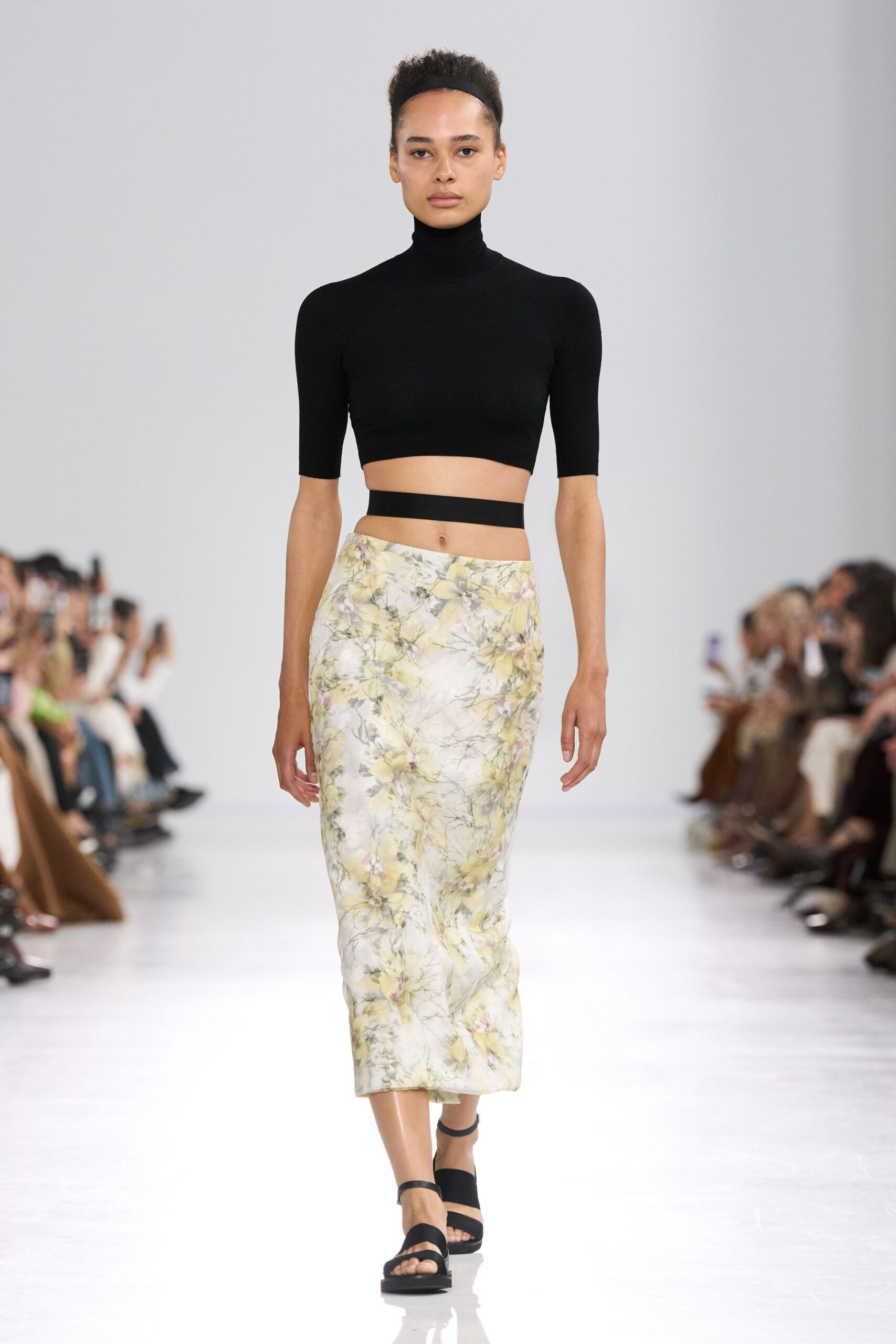 black cropped top and floral midi skirt