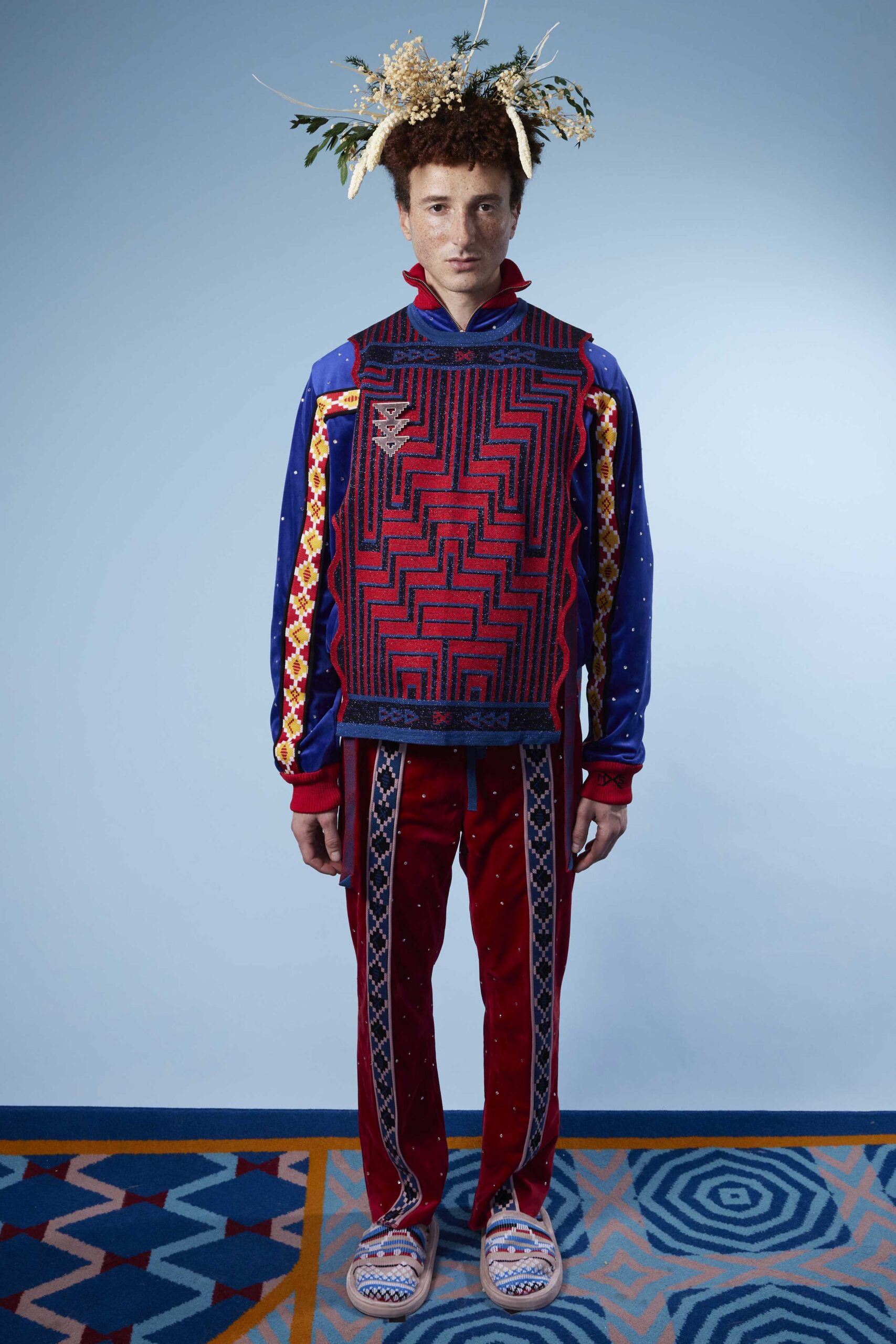 red cotton long-sleeve collared relaxed printed sweater