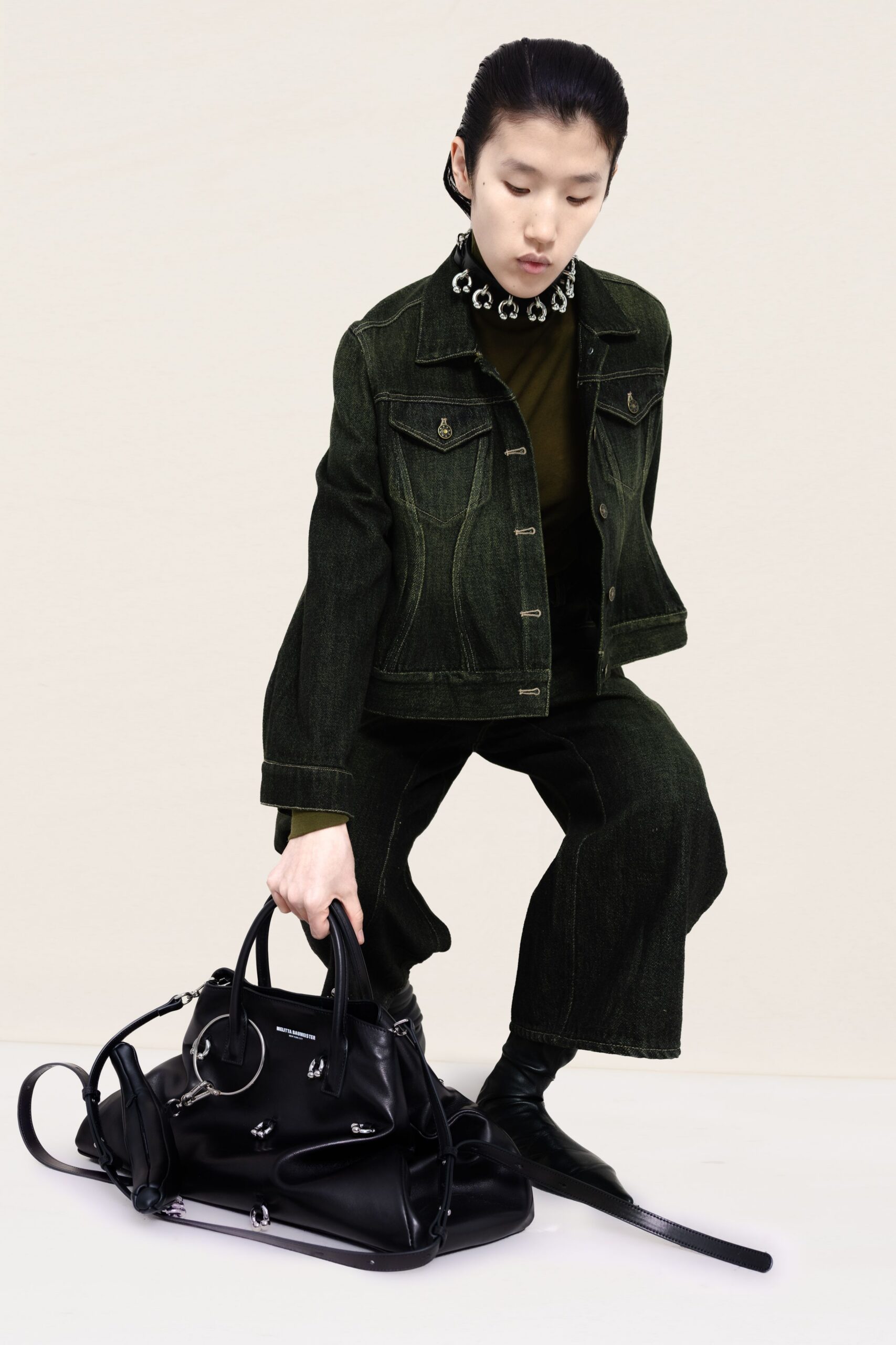 green denim long-sleeve collared fitted buttoned jacket