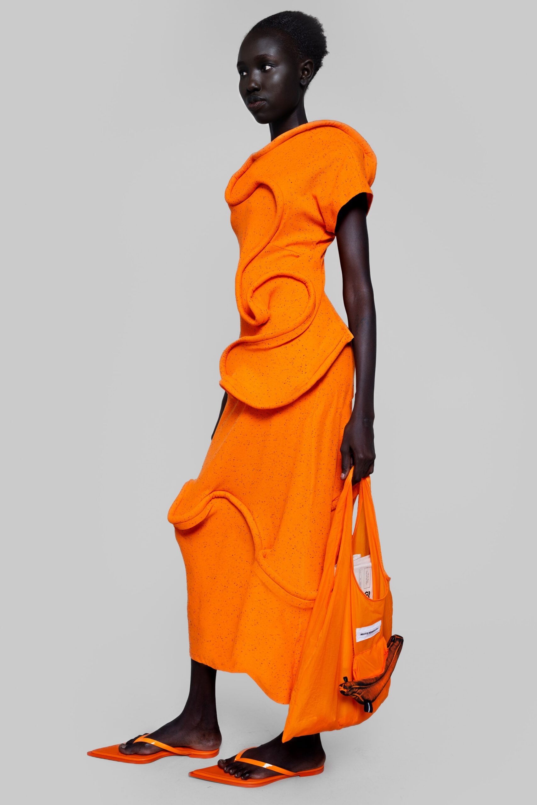orange cotton sleeveless high-neck fitted draped midi dress