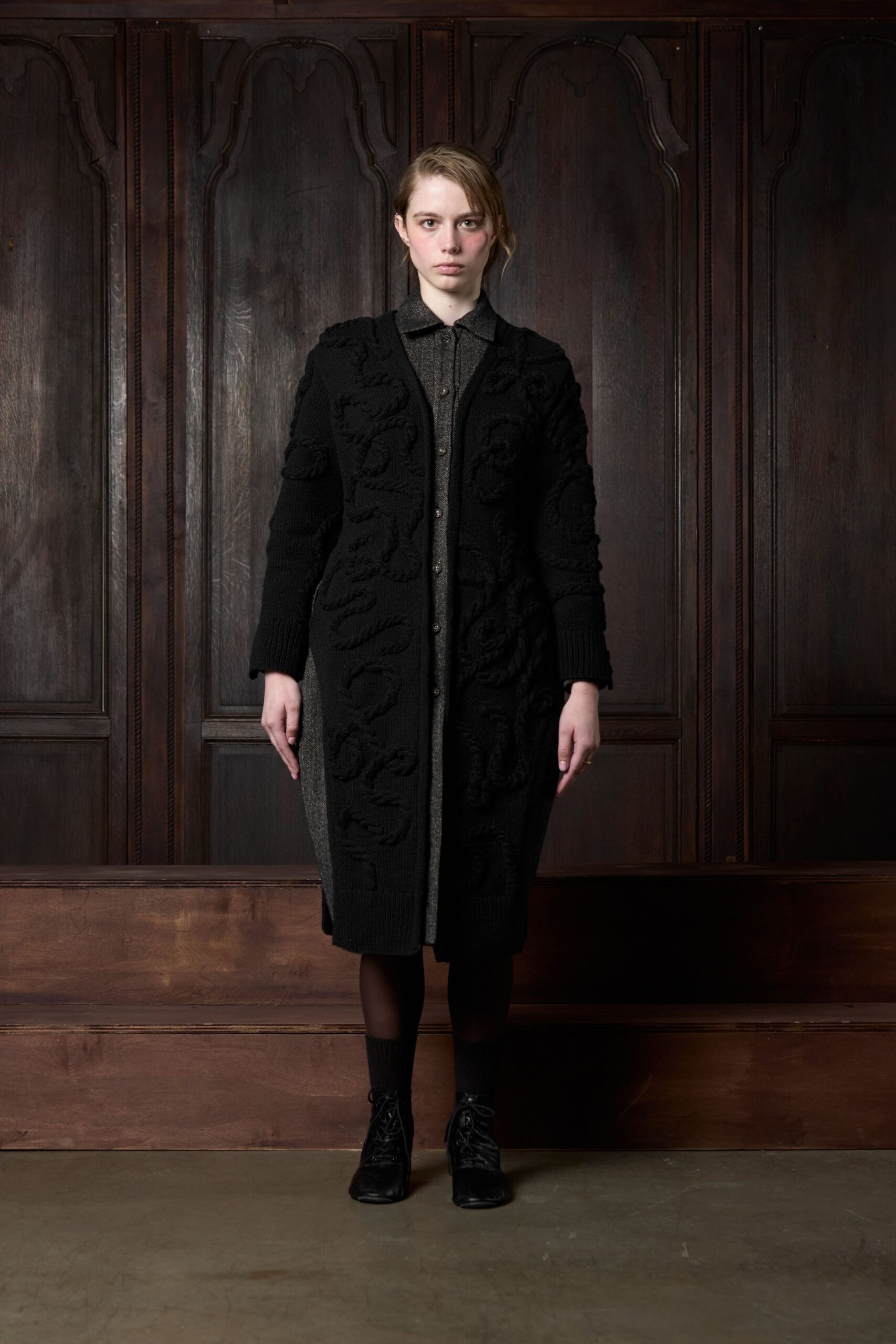 black wool long-sleeve collared relaxed textured midi coat