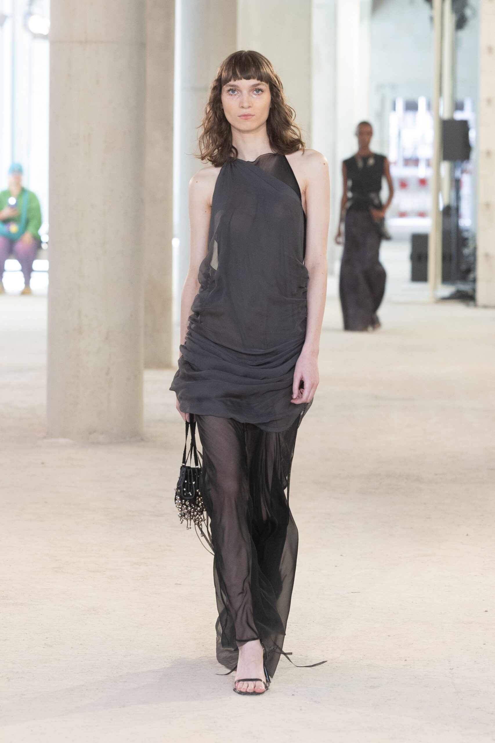 black sheer draped midi dress