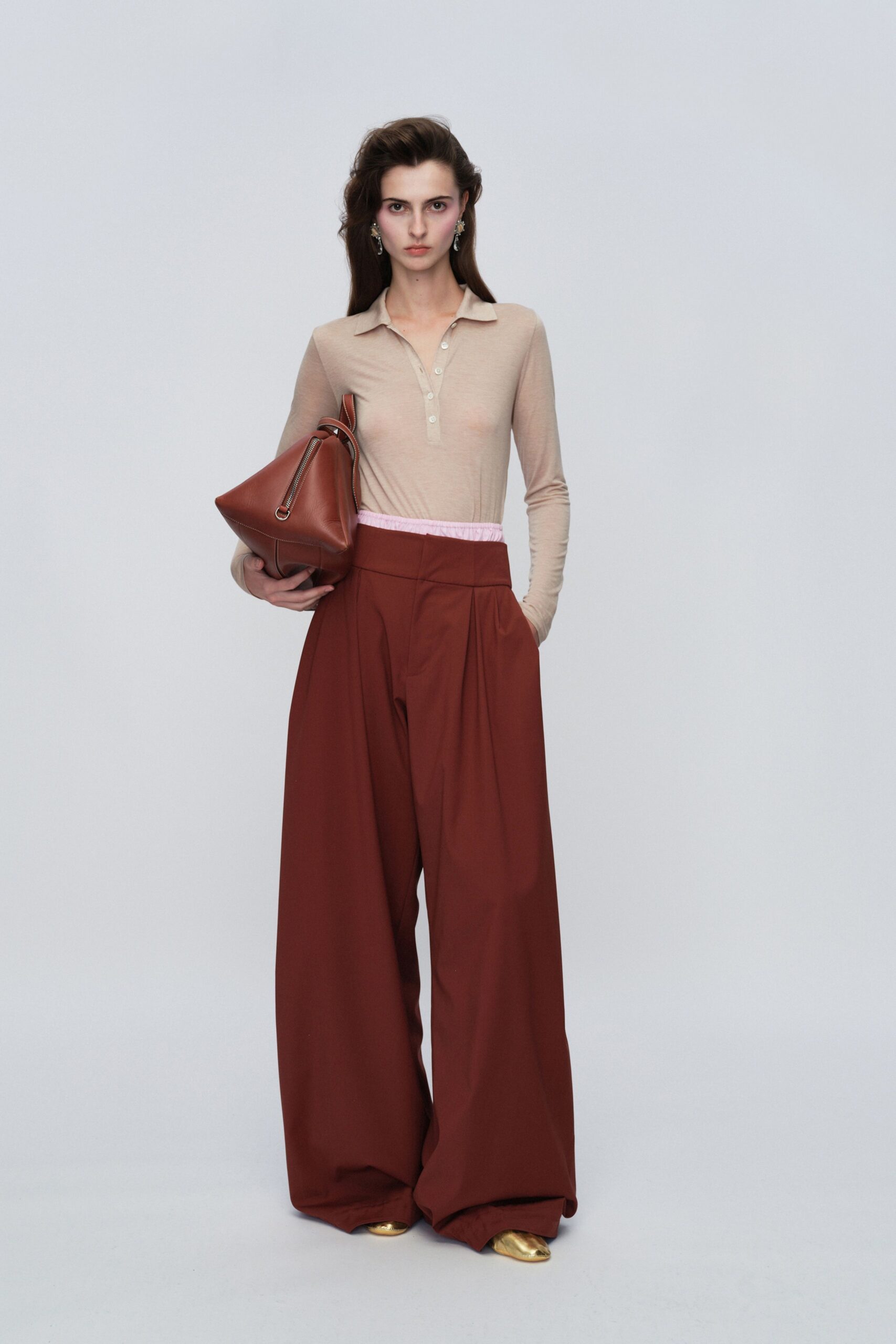 red cotton relaxed pleated wide-leg pants